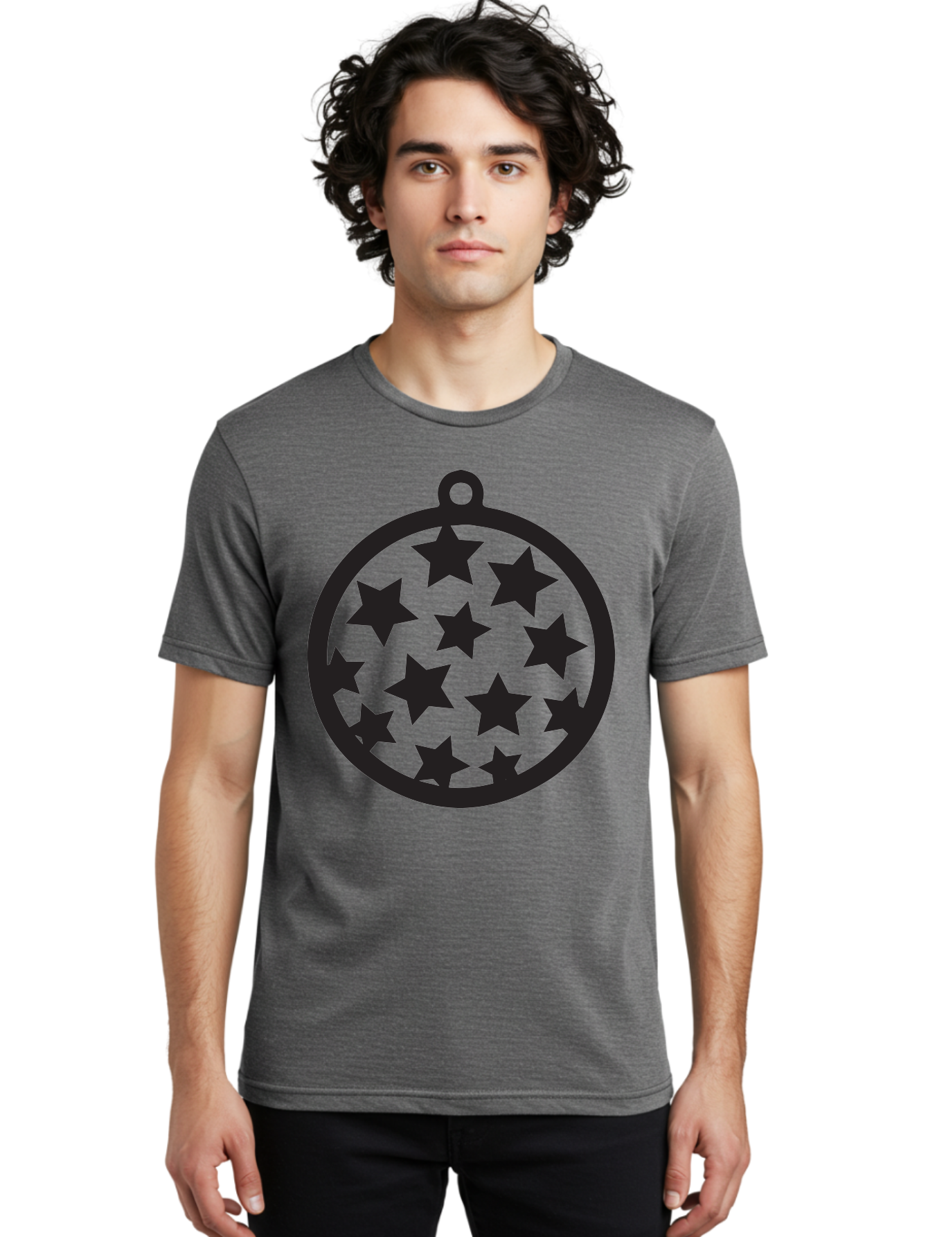 Seven-Star-Ball Men'S Graphic Tee, 100% Cotton, Comfortable Casual Summer Wear, Machine Washable, Seven Stars, Black Stars, Circular Frame, Ornament Design, Christmas Decoration, Festive Symbol, Star Pattern, Magic Symbol, Mystical Design Aad149