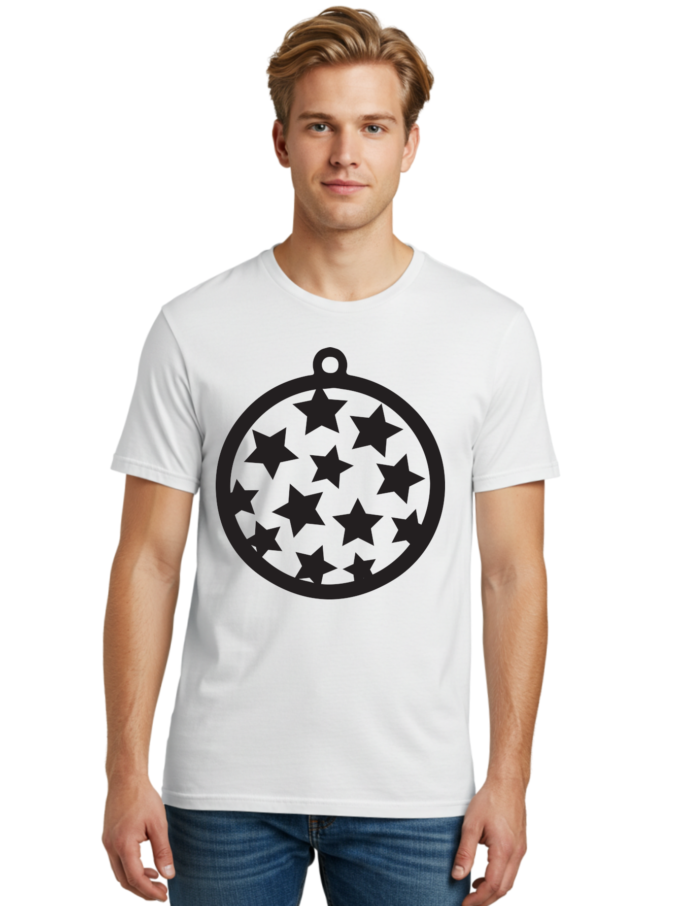 Seven-Star-Ball Men'S Graphic Tee, 100% Cotton, Comfortable Casual Summer Wear, Machine Washable, Seven Stars, Black Stars, Circular Frame, Ornament Design, Christmas Decoration, Festive Symbol, Star Pattern, Magic Symbol, Mystical Design Aad149