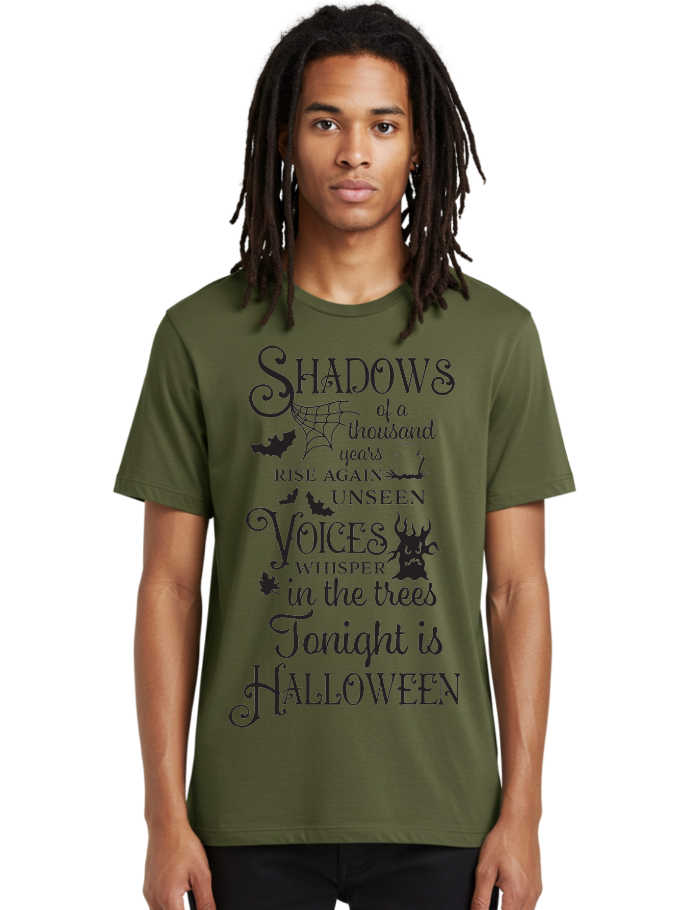 Shadows-Of-A-Thousand-Years-Rise-Again-Unseen-Voices-Whisper-In-The-Trees-Tonight-Is-Halloween Men'S Graphic Tee, 100% Cotton, Comfortable Casual Summer Wear, Machine Washable, Halloween Quote, Spooky Season, Shadows Rise Again, Unseen Voices, Aad150
