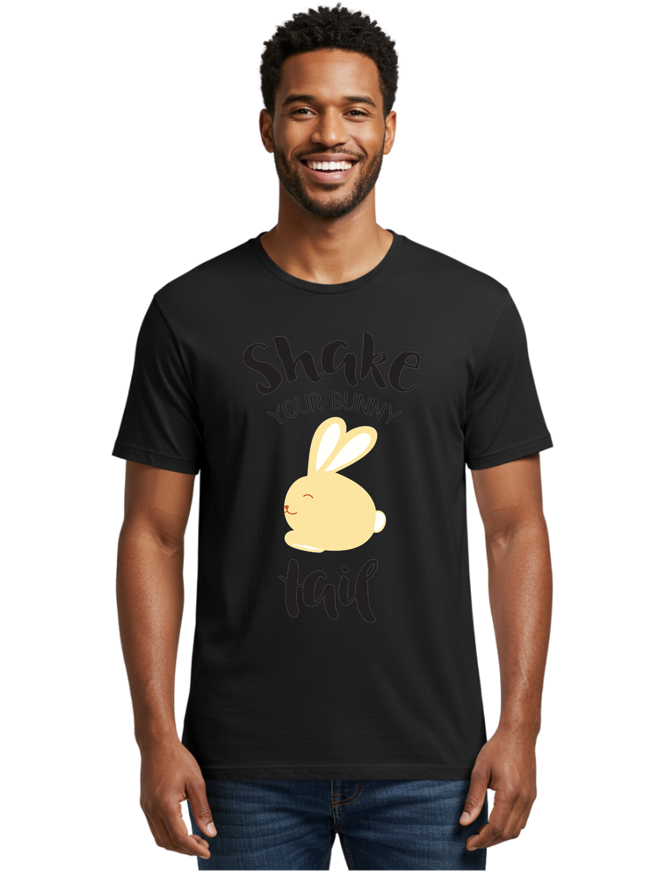 Shake-Your-Bunny-Tail Men'S Graphic Tee, 100% Cotton, Comfortable Casual Summer Wear, Machine Washable, Funny Bunny Graphic, Cute Cartoon Rabbit, Easter-Themed Design, Humorous Phrase, Shake Your Bunny Tail, Yellow Bunny Illustration, Aad151