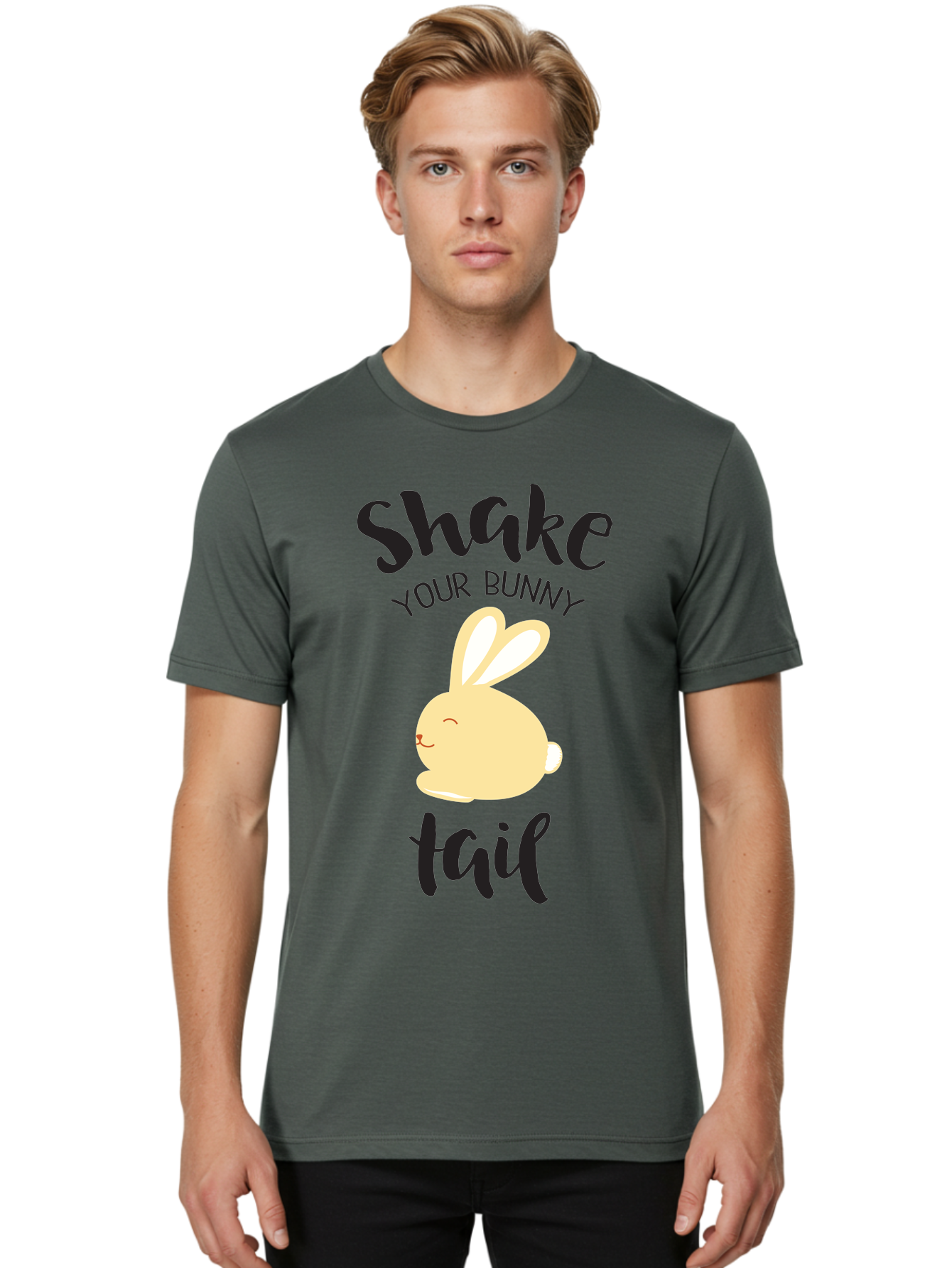 Shake-Your-Bunny-Tail Men'S Graphic Tee, 100% Cotton, Comfortable Casual Summer Wear, Machine Washable, Funny Bunny Graphic, Cute Cartoon Rabbit, Easter-Themed Design, Humorous Phrase, Shake Your Bunny Tail, Yellow Bunny Illustration, Aad151