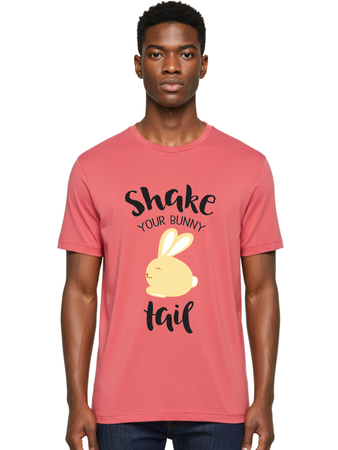Shake-Your-Bunny-Tail Men'S Graphic Tee, 100% Cotton, Comfortable Casual Summer Wear, Machine Washable, Funny Bunny Graphic, Cute Cartoon Rabbit, Easter-Themed Design, Humorous Phrase, Shake Your Bunny Tail, Yellow Bunny Illustration, Aad151