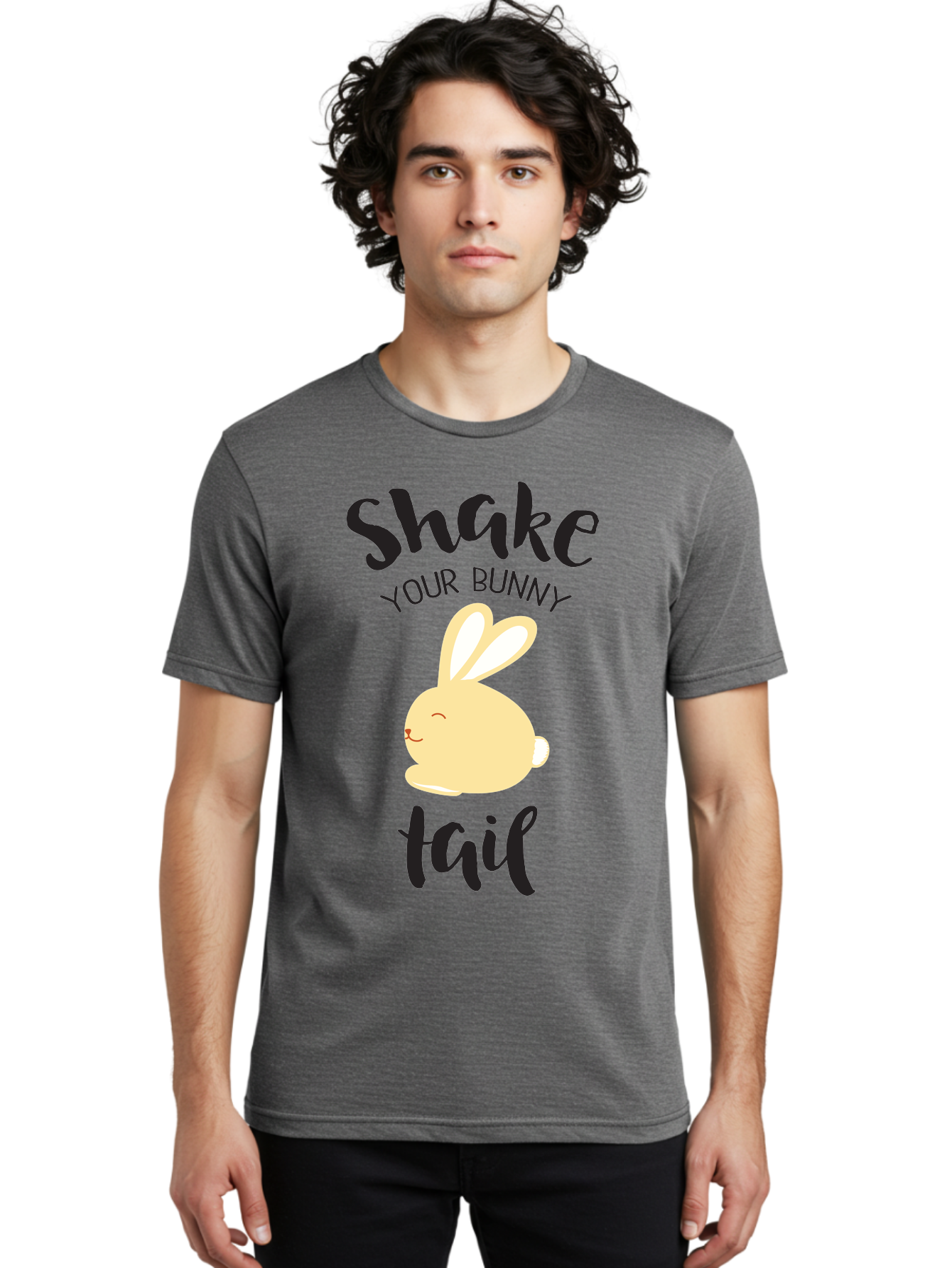 Shake-Your-Bunny-Tail Men'S Graphic Tee, 100% Cotton, Comfortable Casual Summer Wear, Machine Washable, Funny Bunny Graphic, Cute Cartoon Rabbit, Easter-Themed Design, Humorous Phrase, Shake Your Bunny Tail, Yellow Bunny Illustration, Aad151