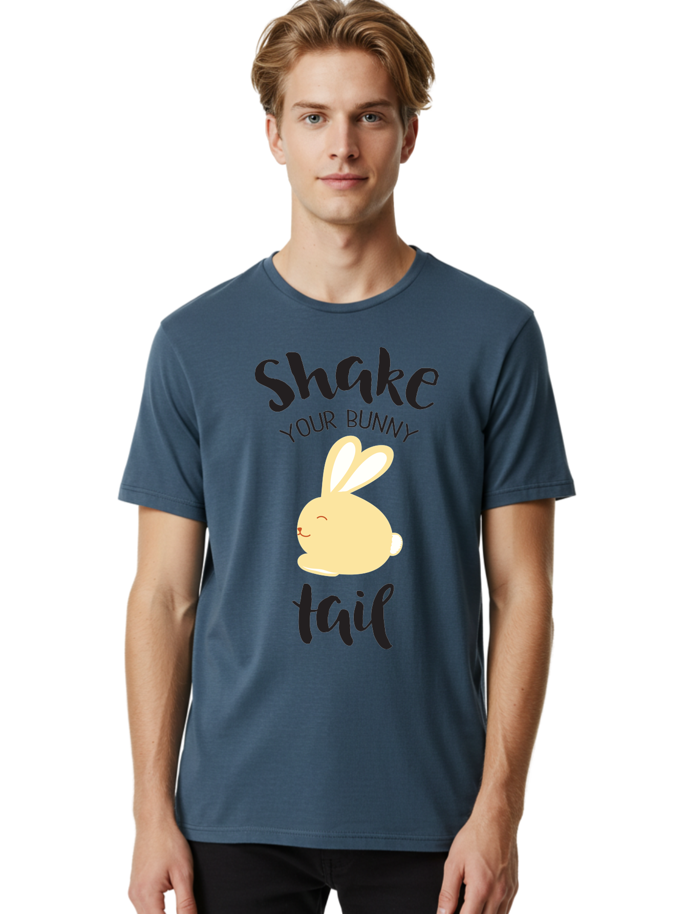Shake-Your-Bunny-Tail Men'S Graphic Tee, 100% Cotton, Comfortable Casual Summer Wear, Machine Washable, Funny Bunny Graphic, Cute Cartoon Rabbit, Easter-Themed Design, Humorous Phrase, Shake Your Bunny Tail, Yellow Bunny Illustration, Aad151