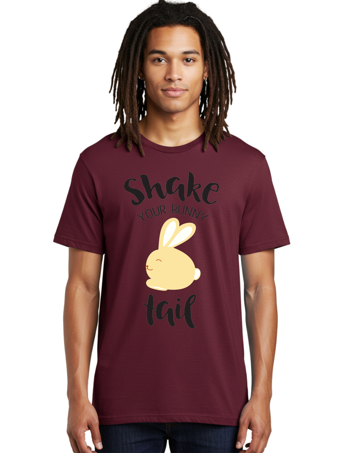 Shake-Your-Bunny-Tail Men'S Graphic Tee, 100% Cotton, Comfortable Casual Summer Wear, Machine Washable, Funny Bunny Graphic, Cute Cartoon Rabbit, Easter-Themed Design, Humorous Phrase, Shake Your Bunny Tail, Yellow Bunny Illustration, Aad151