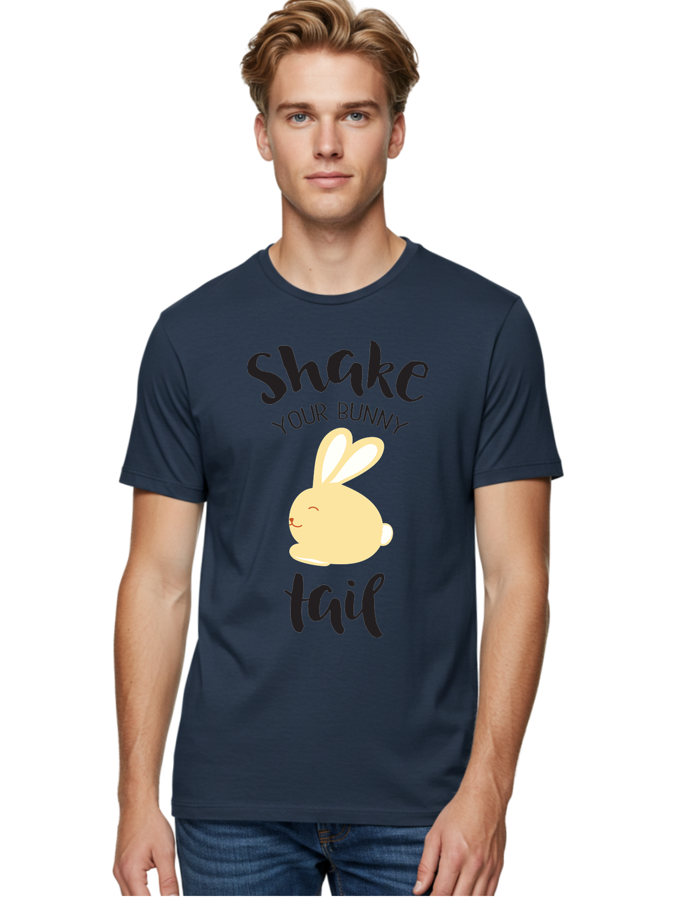 Shake-Your-Bunny-Tail Men'S Graphic Tee, 100% Cotton, Comfortable Casual Summer Wear, Machine Washable, Funny Bunny Graphic, Cute Cartoon Rabbit, Easter-Themed Design, Humorous Phrase, Shake Your Bunny Tail, Yellow Bunny Illustration, Aad151