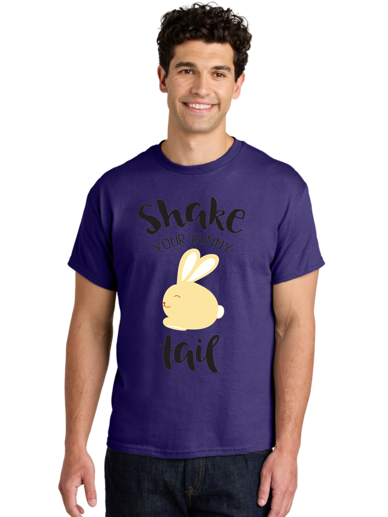 Shake-Your-Bunny-Tail Men'S Graphic Tee, 100% Cotton, Comfortable Casual Summer Wear, Machine Washable, Funny Bunny Graphic, Cute Cartoon Rabbit, Easter-Themed Design, Humorous Phrase, Shake Your Bunny Tail, Yellow Bunny Illustration, Aad151
