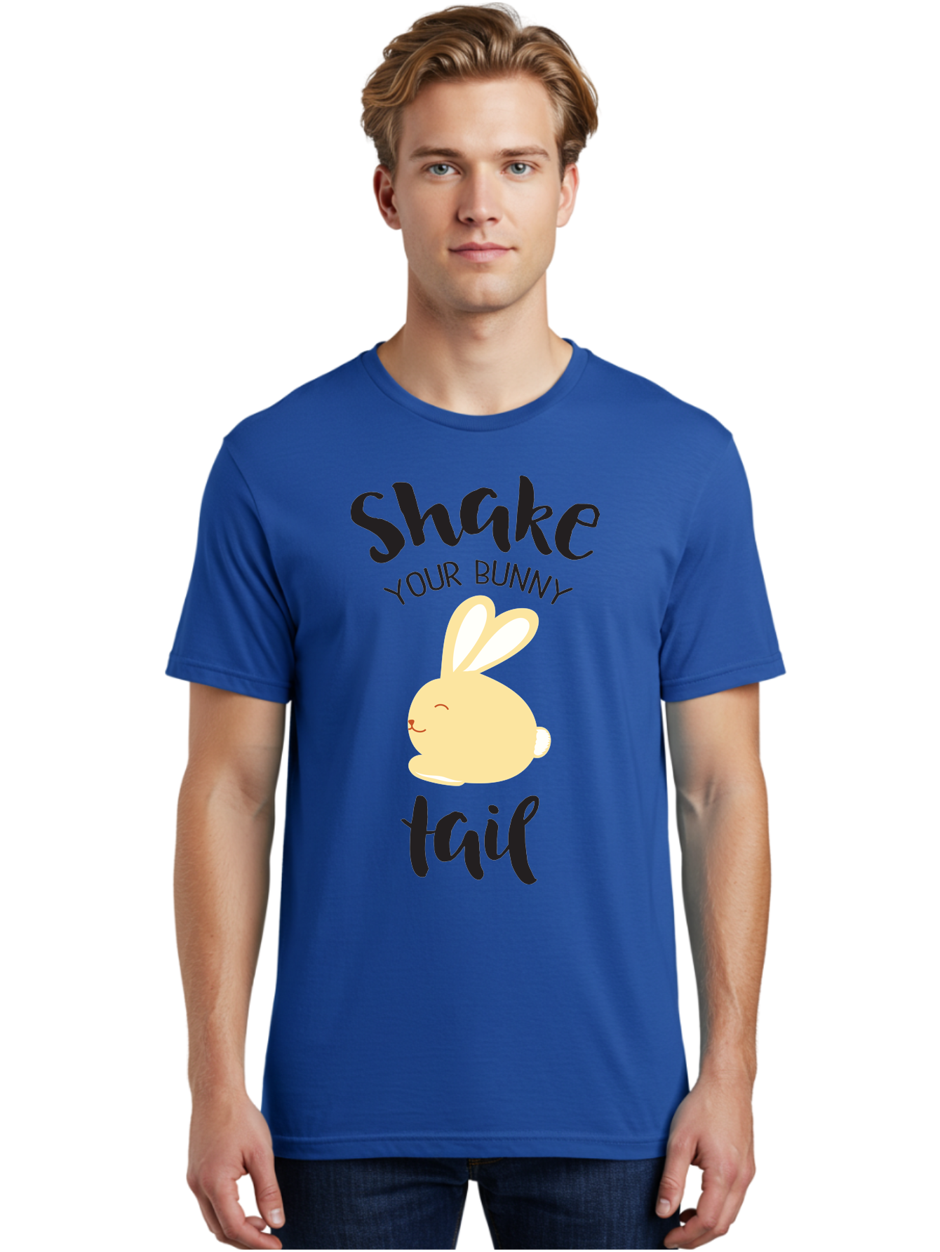 Shake-Your-Bunny-Tail Men'S Graphic Tee, 100% Cotton, Comfortable Casual Summer Wear, Machine Washable, Funny Bunny Graphic, Cute Cartoon Rabbit, Easter-Themed Design, Humorous Phrase, Shake Your Bunny Tail, Yellow Bunny Illustration, Aad151