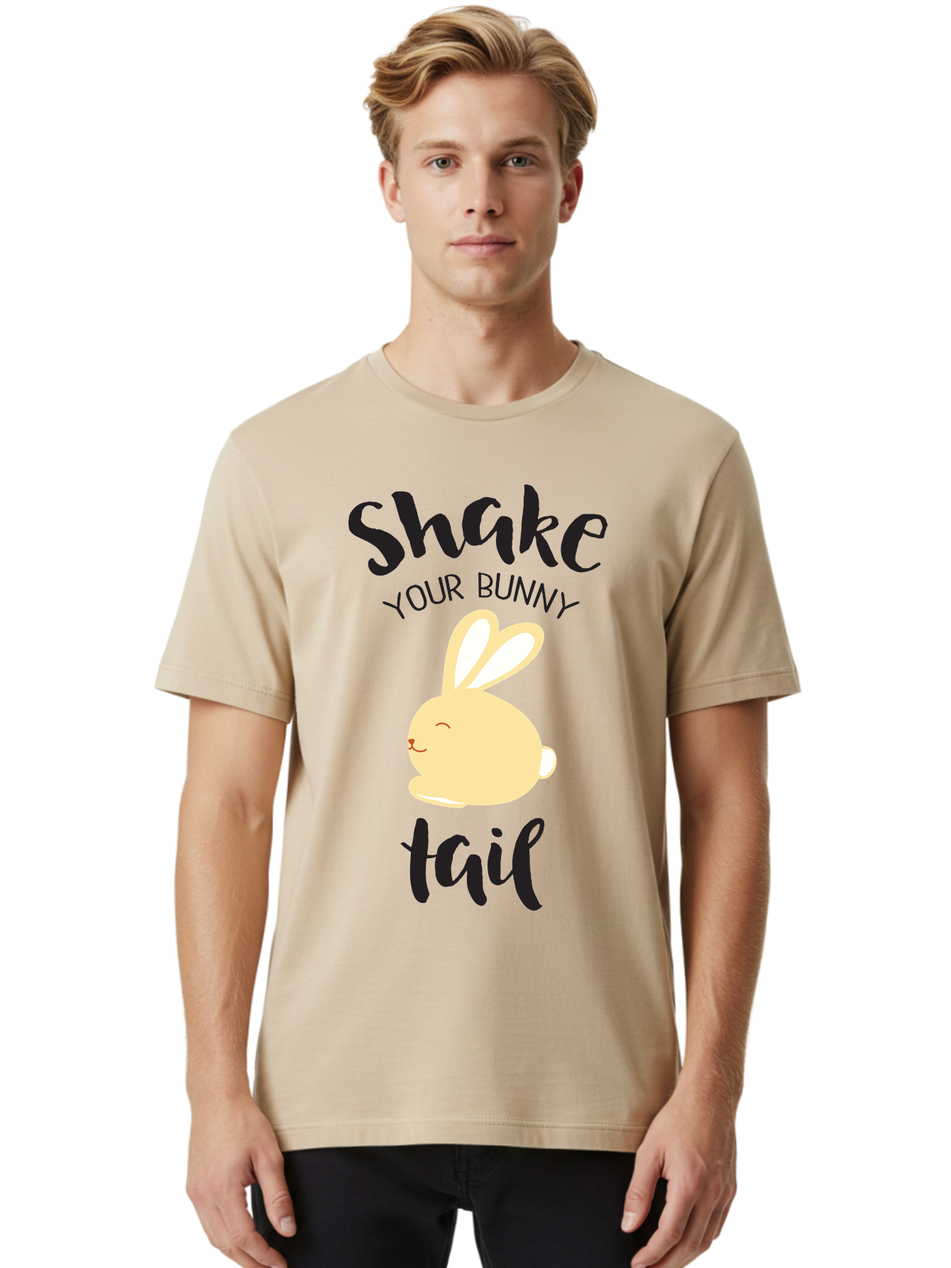 Shake-Your-Bunny-Tail Men'S Graphic Tee, 100% Cotton, Comfortable Casual Summer Wear, Machine Washable, Funny Bunny Graphic, Cute Cartoon Rabbit, Easter-Themed Design, Humorous Phrase, Shake Your Bunny Tail, Yellow Bunny Illustration, Aad151