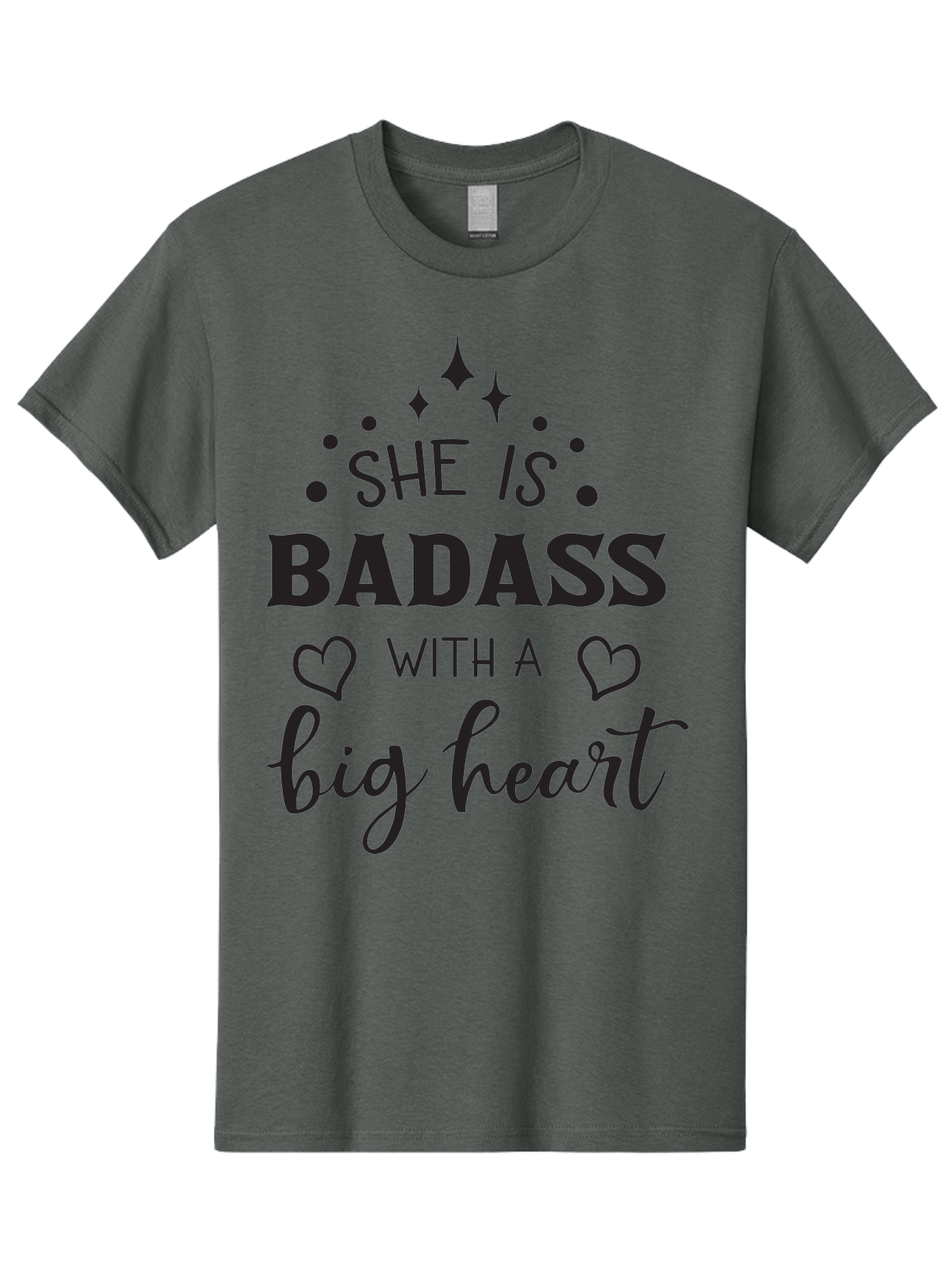 She-Is-Badass-With-A-Big-Heart Men'S Graphic Tee, 100% Cotton, Comfortable Casual Summer Wear, Machine Washable, Motivational Quotes, Inspirational Sayings, Empowerment Phrases, Feminine Strength, Positive Affirmations, Bold Typography, Aad155