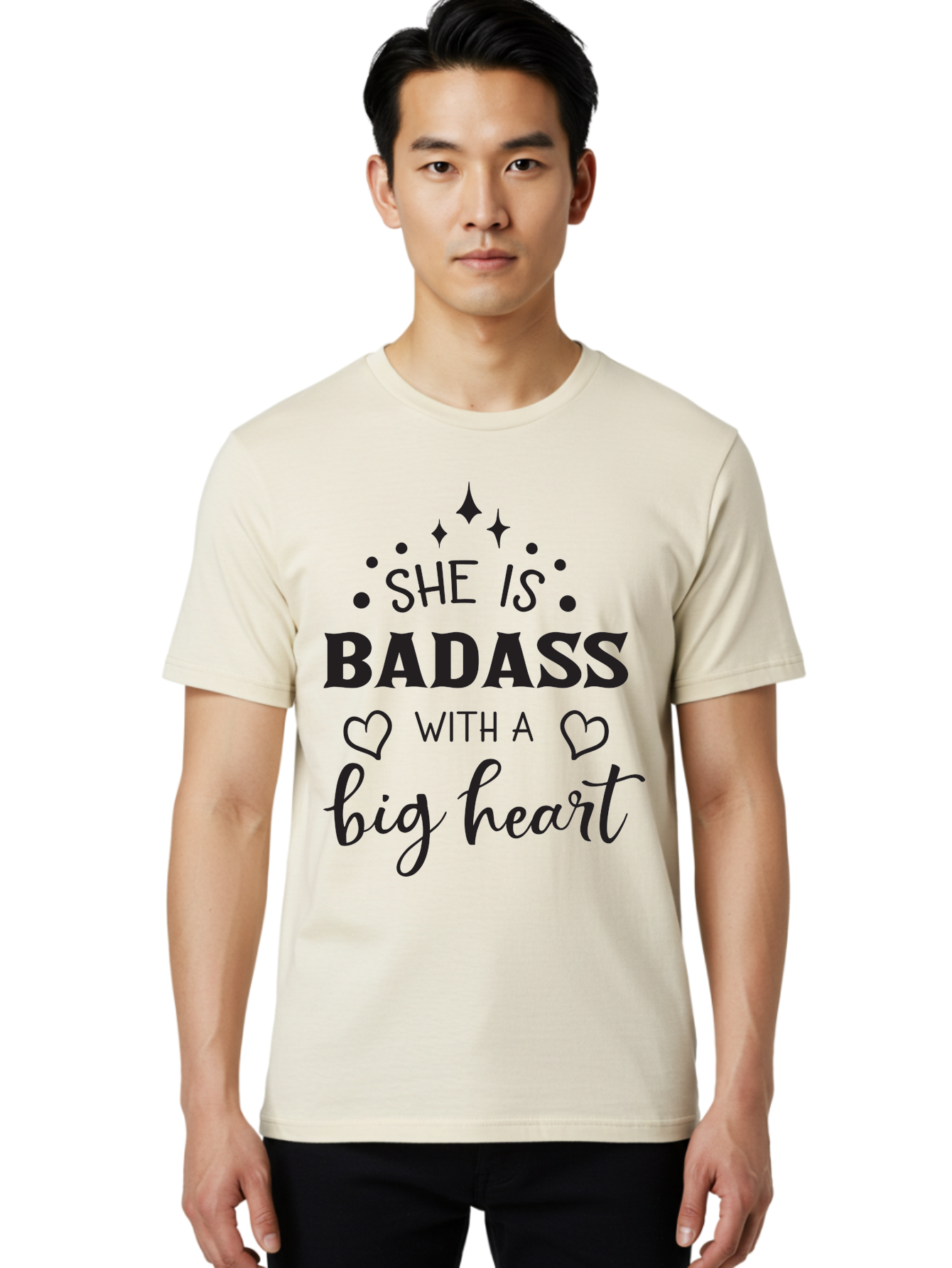 She-Is-Badass-With-A-Big-Heart Men'S Graphic Tee, 100% Cotton, Comfortable Casual Summer Wear, Machine Washable, Motivational Quotes, Inspirational Sayings, Empowerment Phrases, Feminine Strength, Positive Affirmations, Bold Typography, Aad155