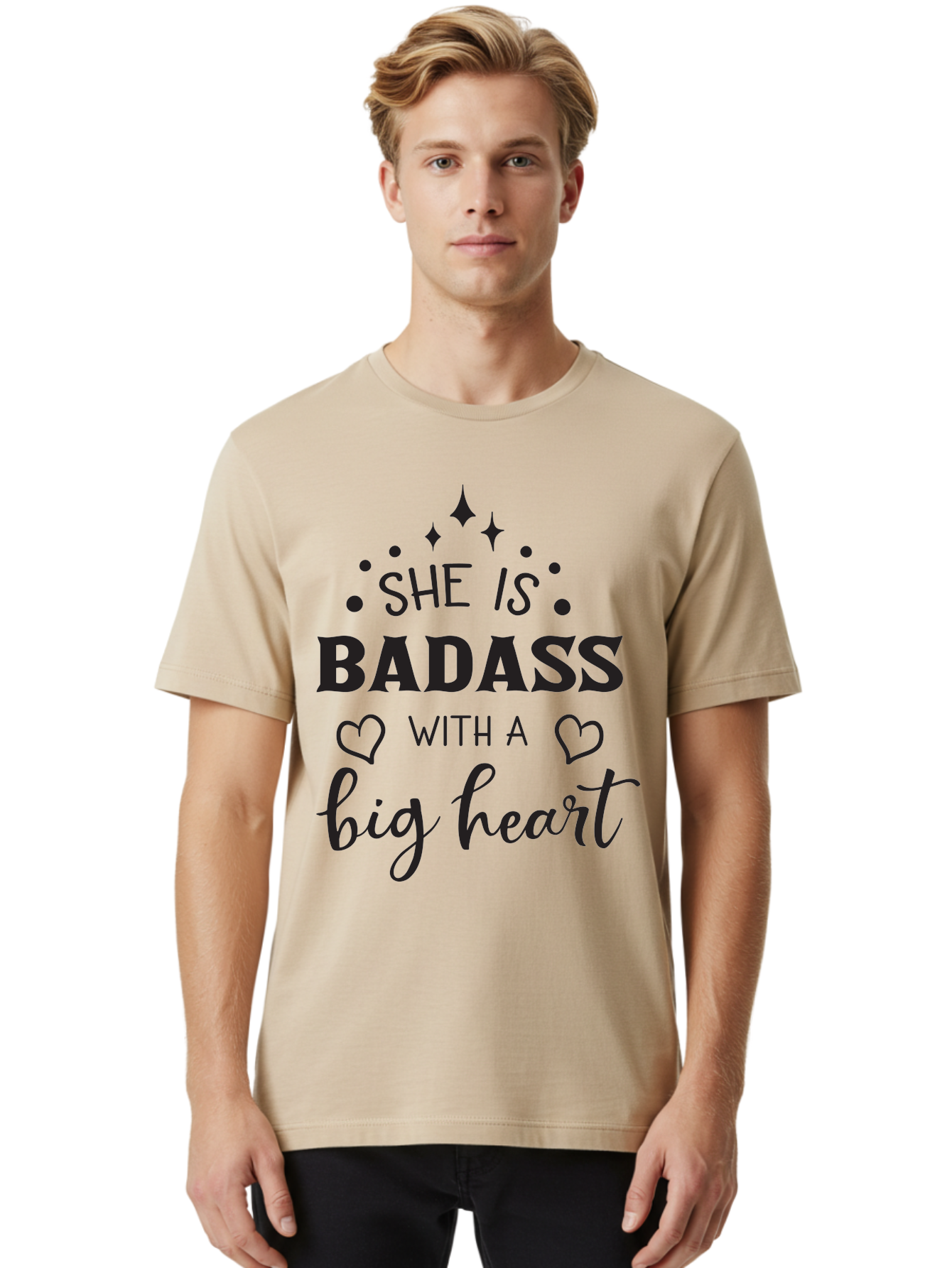 She-Is-Badass-With-A-Big-Heart Men'S Graphic Tee, 100% Cotton, Comfortable Casual Summer Wear, Machine Washable, Motivational Quotes, Inspirational Sayings, Empowerment Phrases, Feminine Strength, Positive Affirmations, Bold Typography, Aad155
