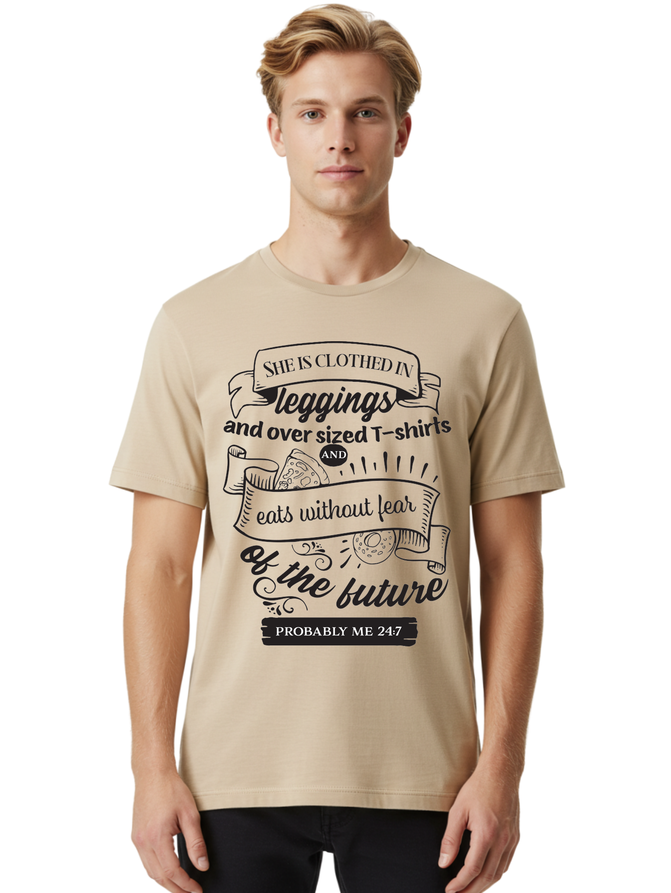 She-Is-Clothed-In-Leggings Men'S Graphic Tee, 100% Cotton, Comfortable Casual Summer Wear, Machine Washable, Funny Quote, Relatable Humor, Casual Fashion, Relaxed Lifestyle, Leggings And Oversized T-Shirts, Eating Without Fear, Aad156