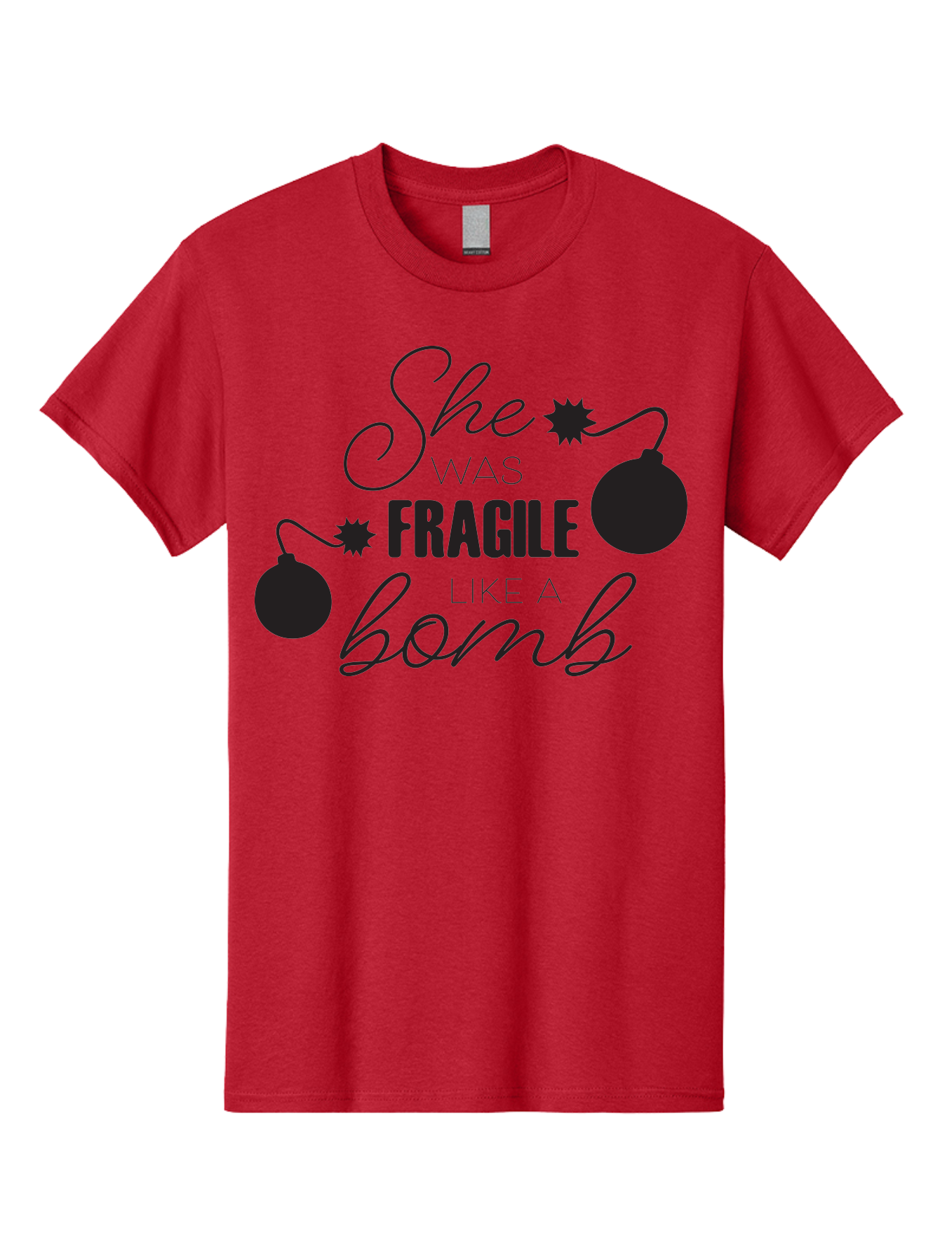 She-Was-Fragile-Like-A-Bomb Men'S Graphic Tee, 100% Cotton, Comfortable Casual Summer Wear, Machine Washable, Inspirational Quote, Motivational Phrase, Strong Women, Empowerment Message, Bomb Illustration, Powerful Graphics, Female Strength, Aad157