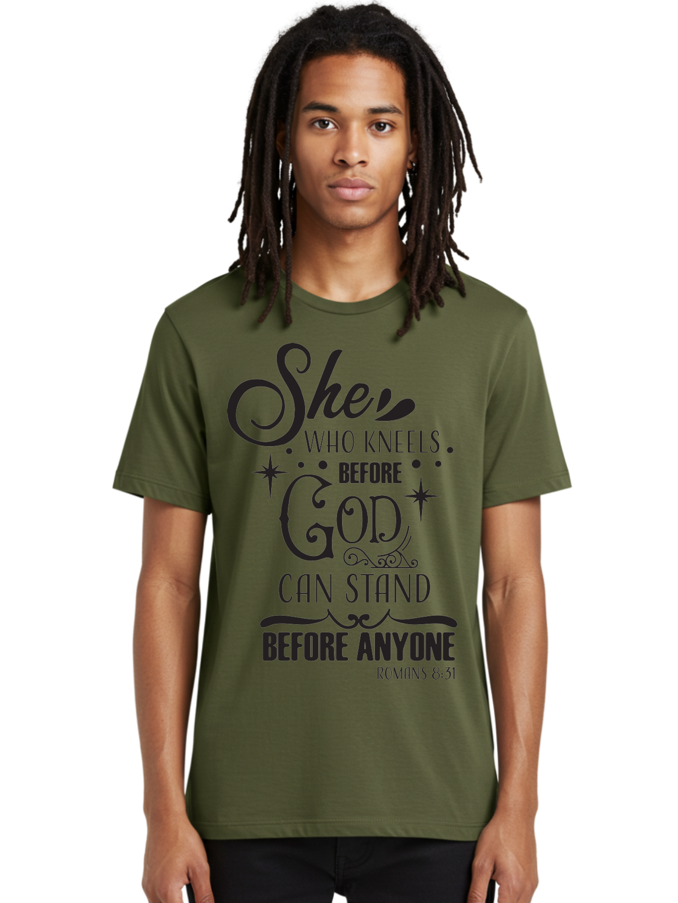 She-Who-Kneels-Before-God Men'S Graphic Tee, 100% Cotton, Comfortable Casual Summer Wear, Machine Washable, Inspirational Quote, Biblical Verse, Romans 8:31, She Who Kneels Before God Can Stand Before Anyone, Motivational Phrase, Aad158