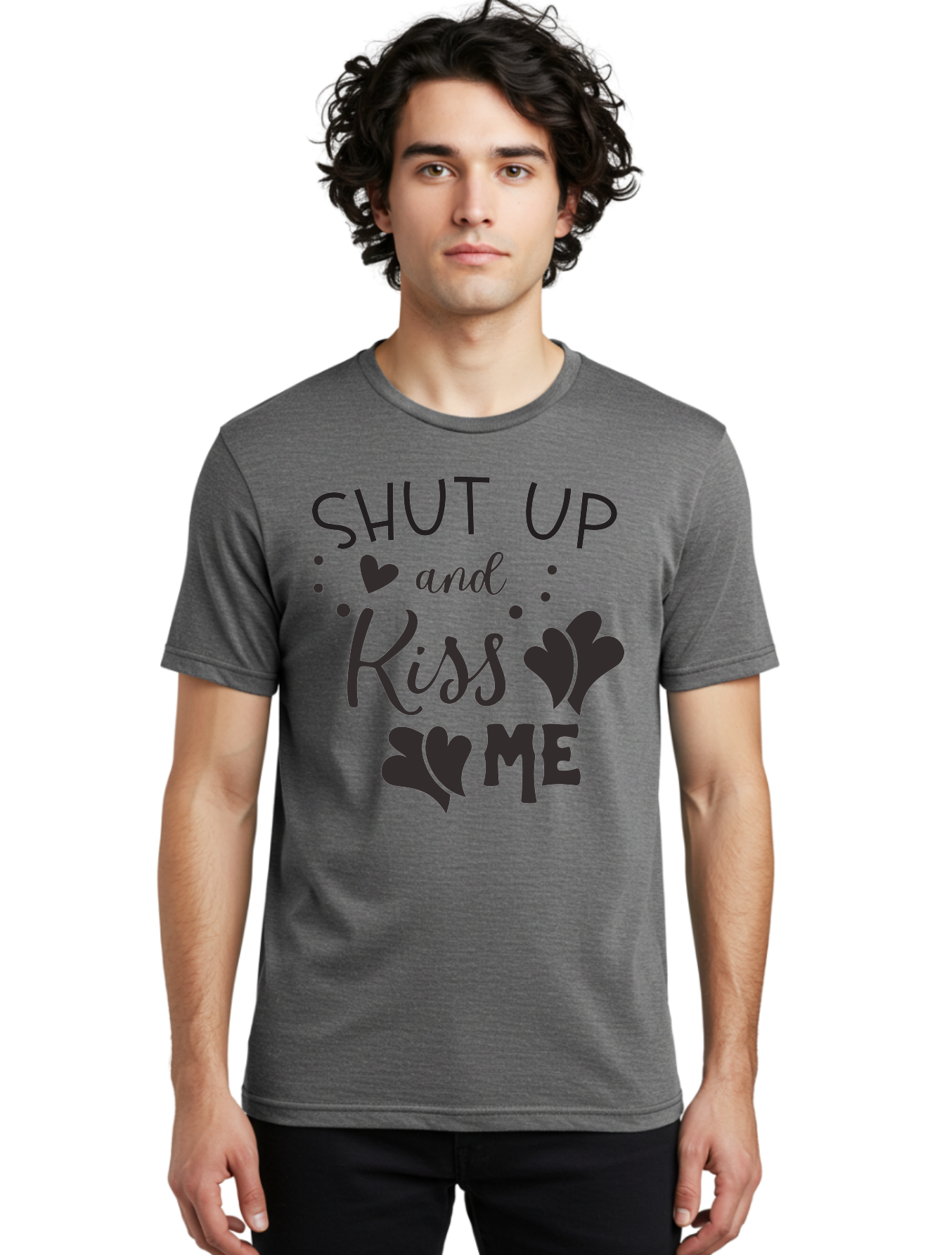 Shut-Up-And-Kiss-Me Men'S Graphic Tee, 100% Cotton, Comfortable Casual Summer Wear, Machine Washable, Love Quotes, Romantic Phrases, Kiss Me, Shut Up, Heart Shapes, Valentines Day, Love Messages, Couple Goals, Sweet Nothings Aad160