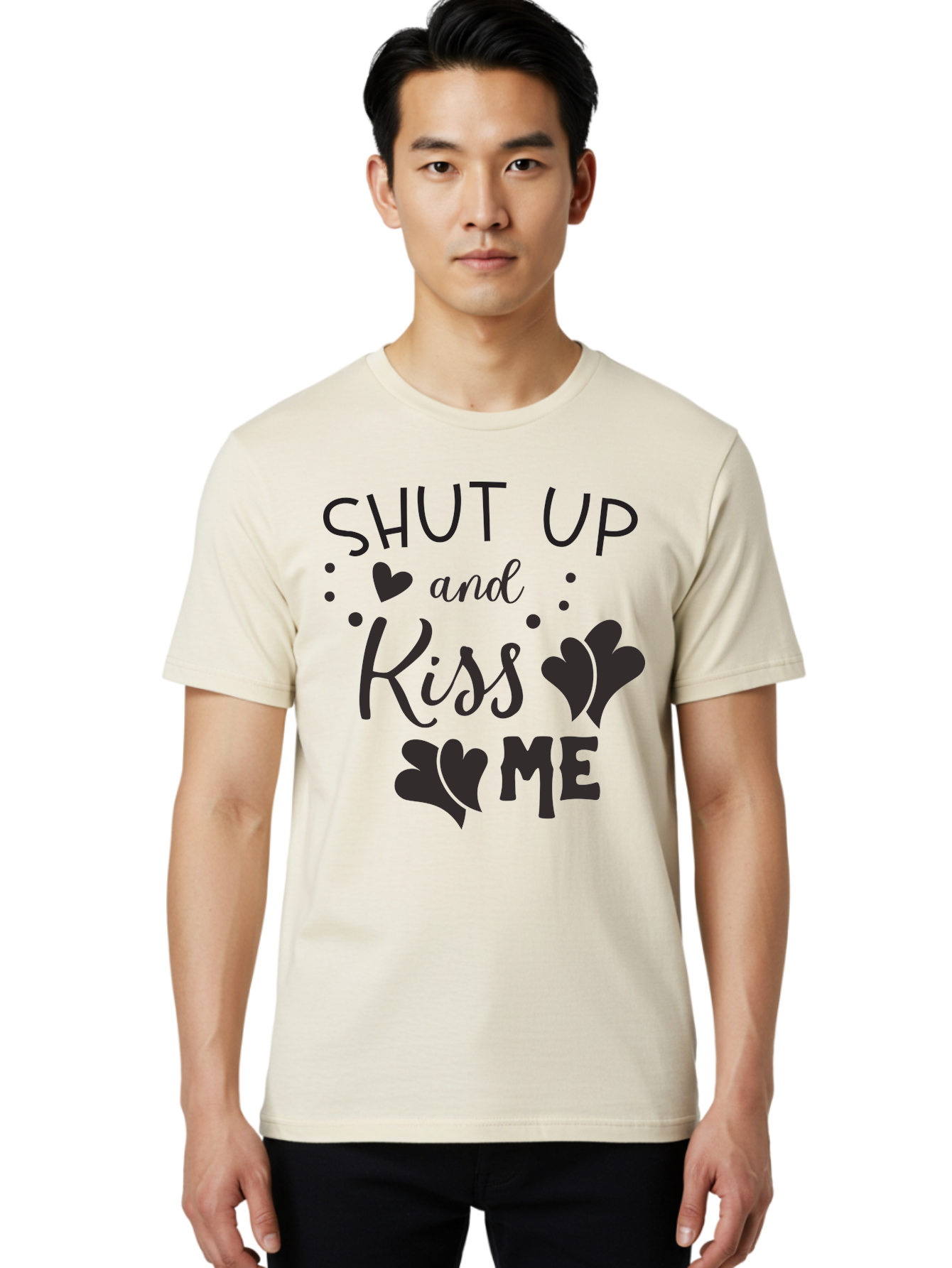 Shut-Up-And-Kiss-Me Men'S Graphic Tee, 100% Cotton, Comfortable Casual Summer Wear, Machine Washable, Love Quotes, Romantic Phrases, Kiss Me, Shut Up, Heart Shapes, Valentines Day, Love Messages, Couple Goals, Sweet Nothings Aad160