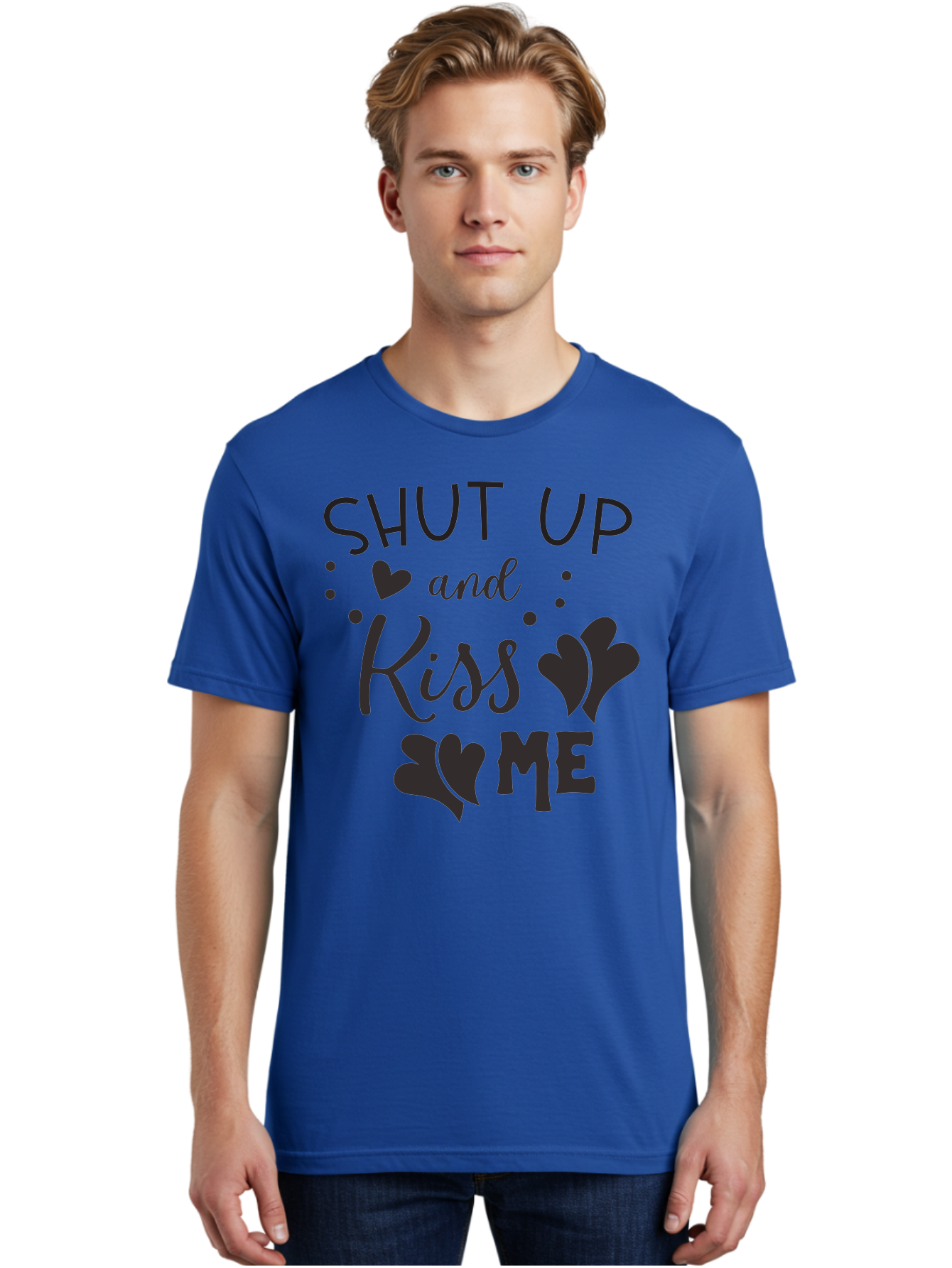 Shut-Up-And-Kiss-Me Men'S Graphic Tee, 100% Cotton, Comfortable Casual Summer Wear, Machine Washable, Love Quotes, Romantic Phrases, Kiss Me, Shut Up, Heart Shapes, Valentines Day, Love Messages, Couple Goals, Sweet Nothings Aad160