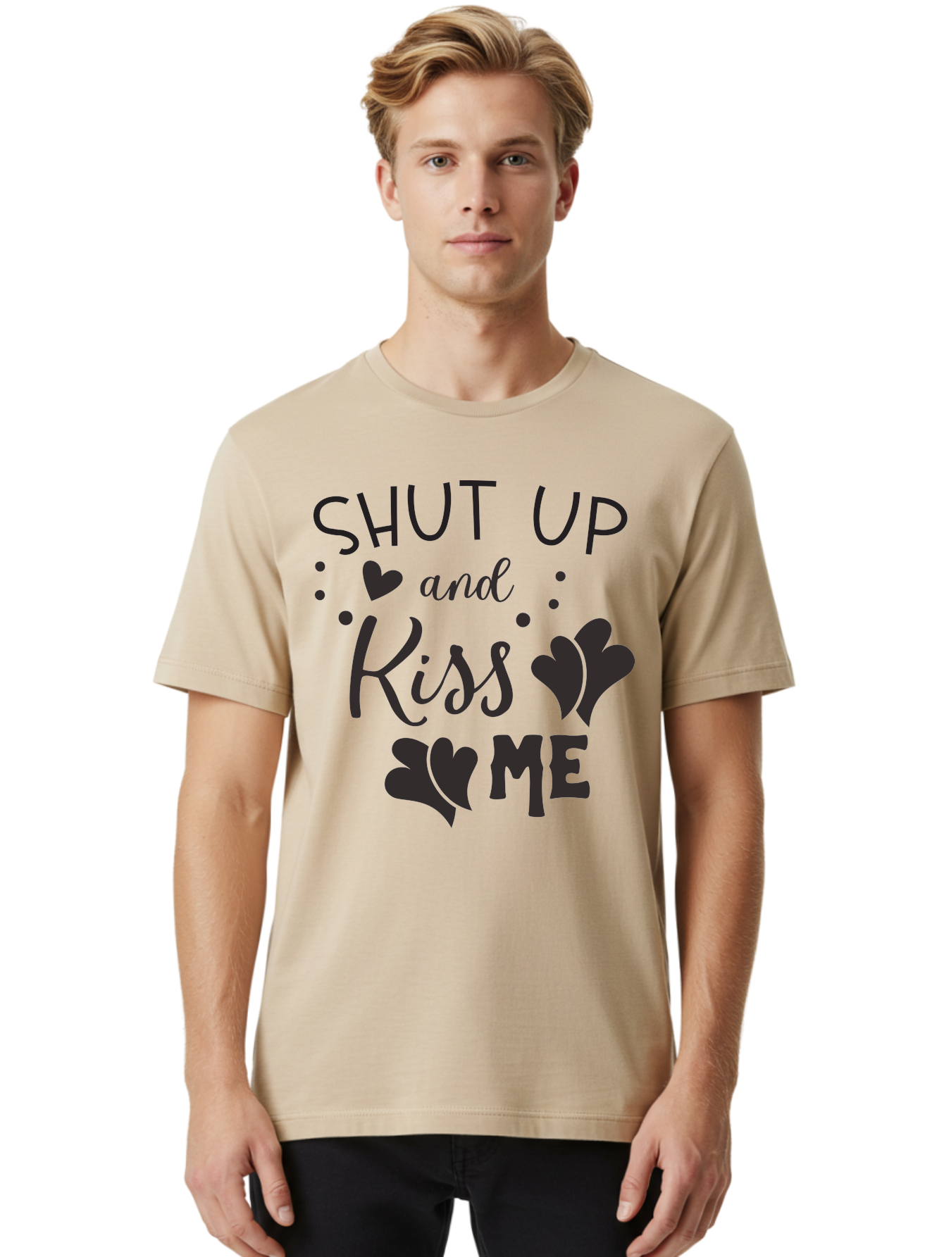 Shut-Up-And-Kiss-Me Men'S Graphic Tee, 100% Cotton, Comfortable Casual Summer Wear, Machine Washable, Love Quotes, Romantic Phrases, Kiss Me, Shut Up, Heart Shapes, Valentines Day, Love Messages, Couple Goals, Sweet Nothings Aad160
