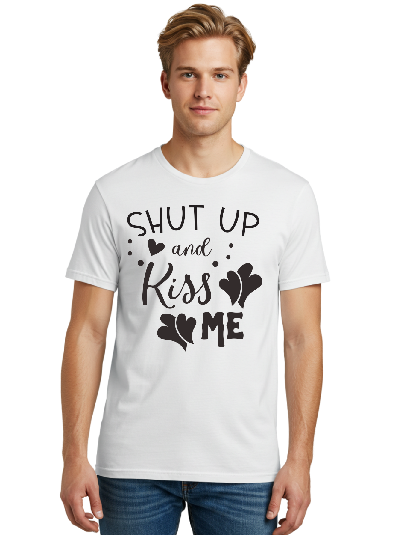 Shut-Up-And-Kiss-Me Men'S Graphic Tee, 100% Cotton, Comfortable Casual Summer Wear, Machine Washable, Love Quotes, Romantic Phrases, Kiss Me, Shut Up, Heart Shapes, Valentines Day, Love Messages, Couple Goals, Sweet Nothings Aad160