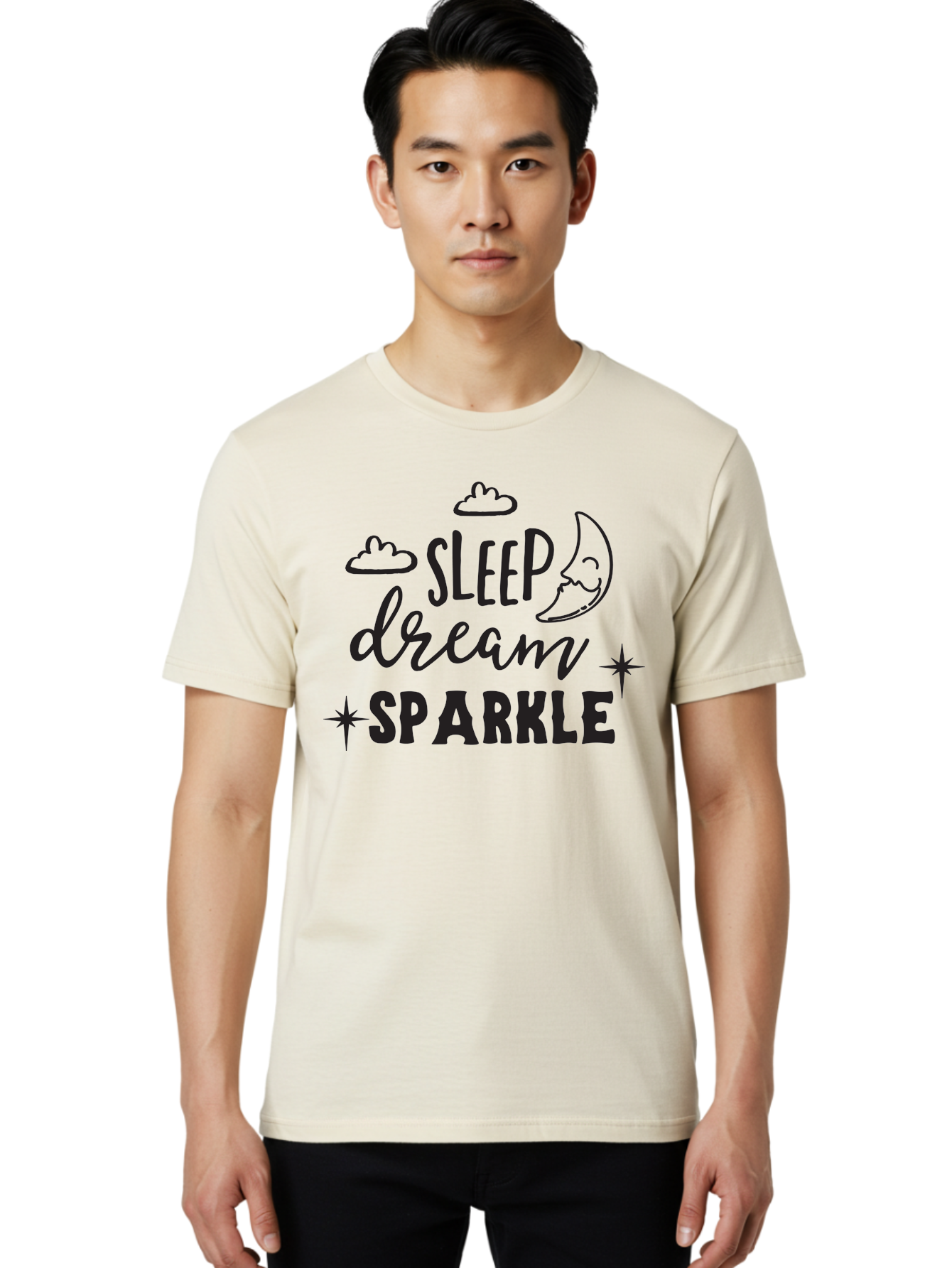 Sleep-Dream-Sparkle Men'S Graphic Tee, 100% Cotton, Comfortable Casual Summer Wear, Machine Washable, Inspirational Quote, Motivational Phrase, Sleep, Dream, Sparkle, Stars, Moon, Clouds, Whimsical Design, Positive Vibes, Good Night Message Aad163