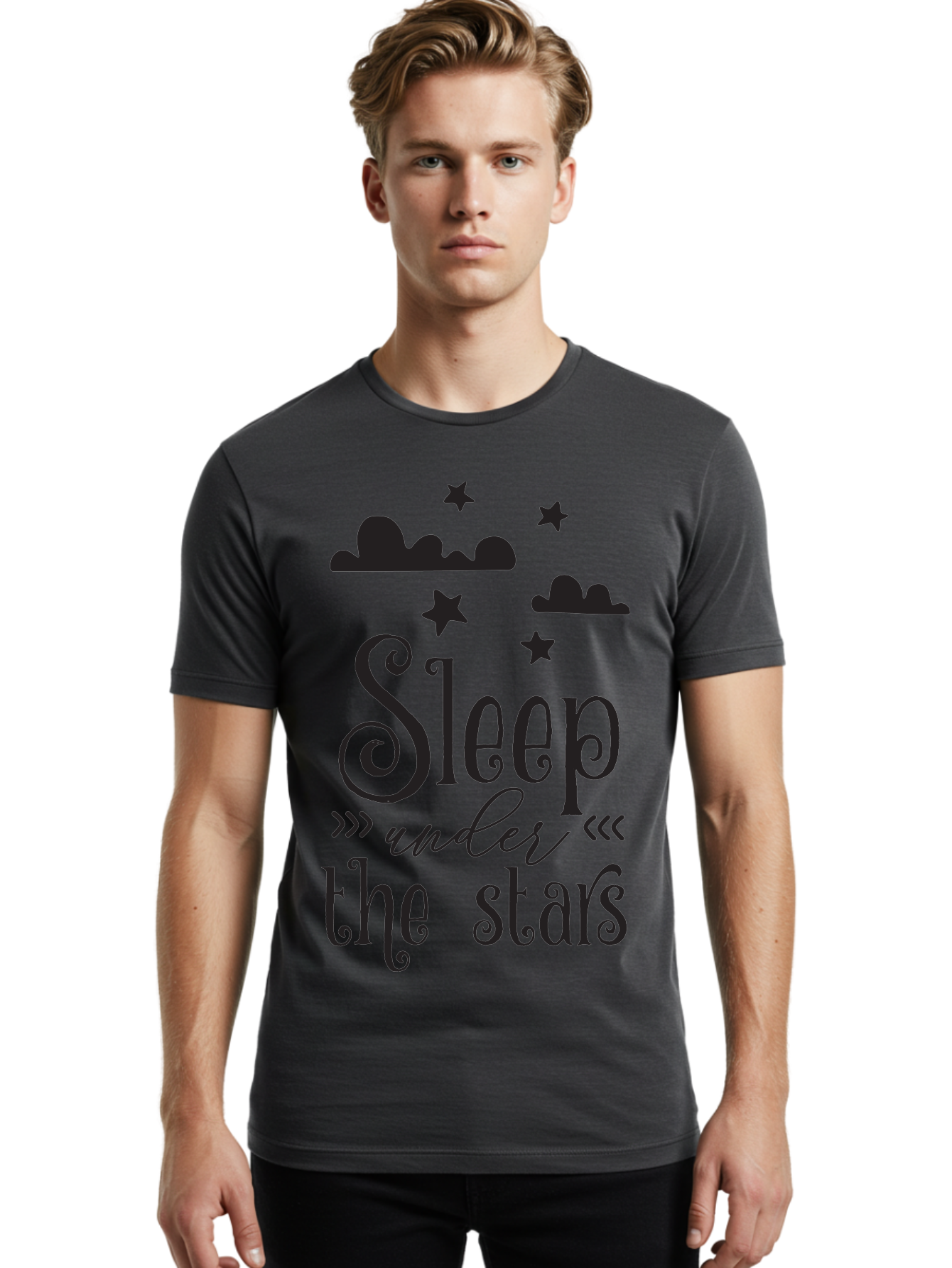 Sleep-Under-The-Stars Men'S Graphic Tee, 100% Cotton, Comfortable Casual Summer Wear, Machine Washable, Sleep Under The Stars, Night Sky, Starry Night, Relaxation, Calming Quote, Inspirational Quote, Celestial Theme, Dreamy Atmosphere Aad164