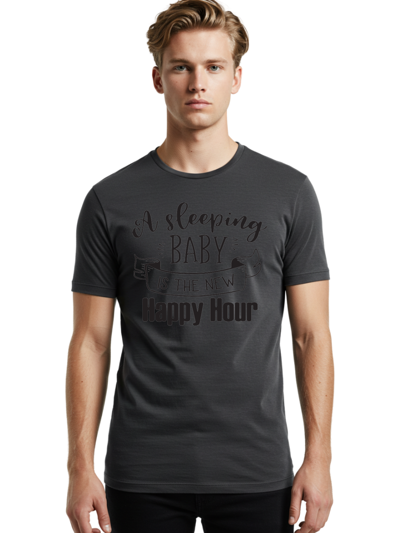 Sleeping-Baby-Is-The-New-Happy-Hour Men'S Graphic Tee, 100% Cotton, Comfortable Casual Summer Wear, Machine Washable, Sleeping Baby Quote, Happy Hour, Parenting Humor, Baby Sleep, New Parents, Funny Quote, Parenting Life Aad165