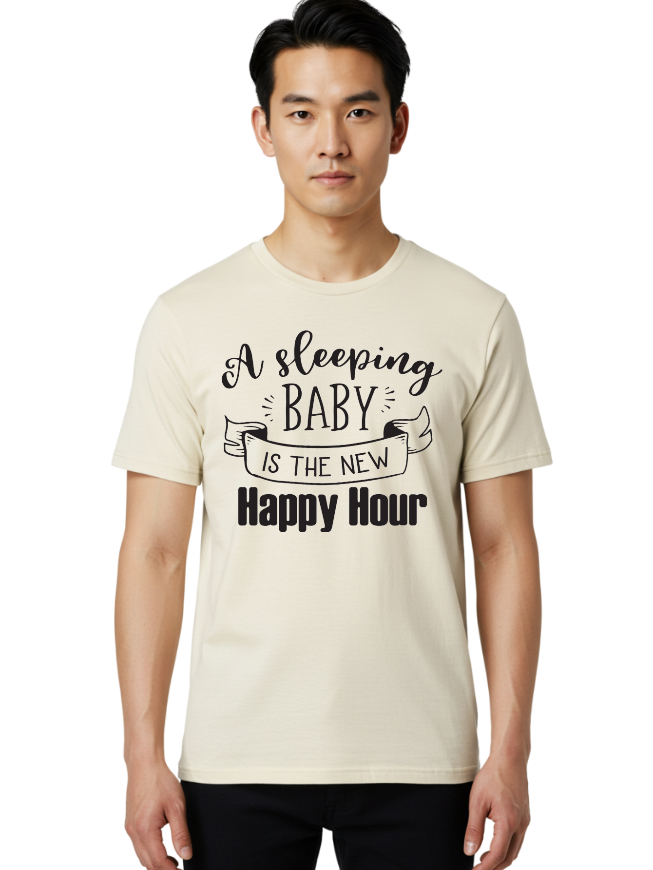 Sleeping-Baby-Is-The-New-Happy-Hour Men'S Graphic Tee, 100% Cotton, Comfortable Casual Summer Wear, Machine Washable, Sleeping Baby Quote, Happy Hour, Parenting Humor, Baby Sleep, New Parents, Funny Quote, Parenting Life Aad165