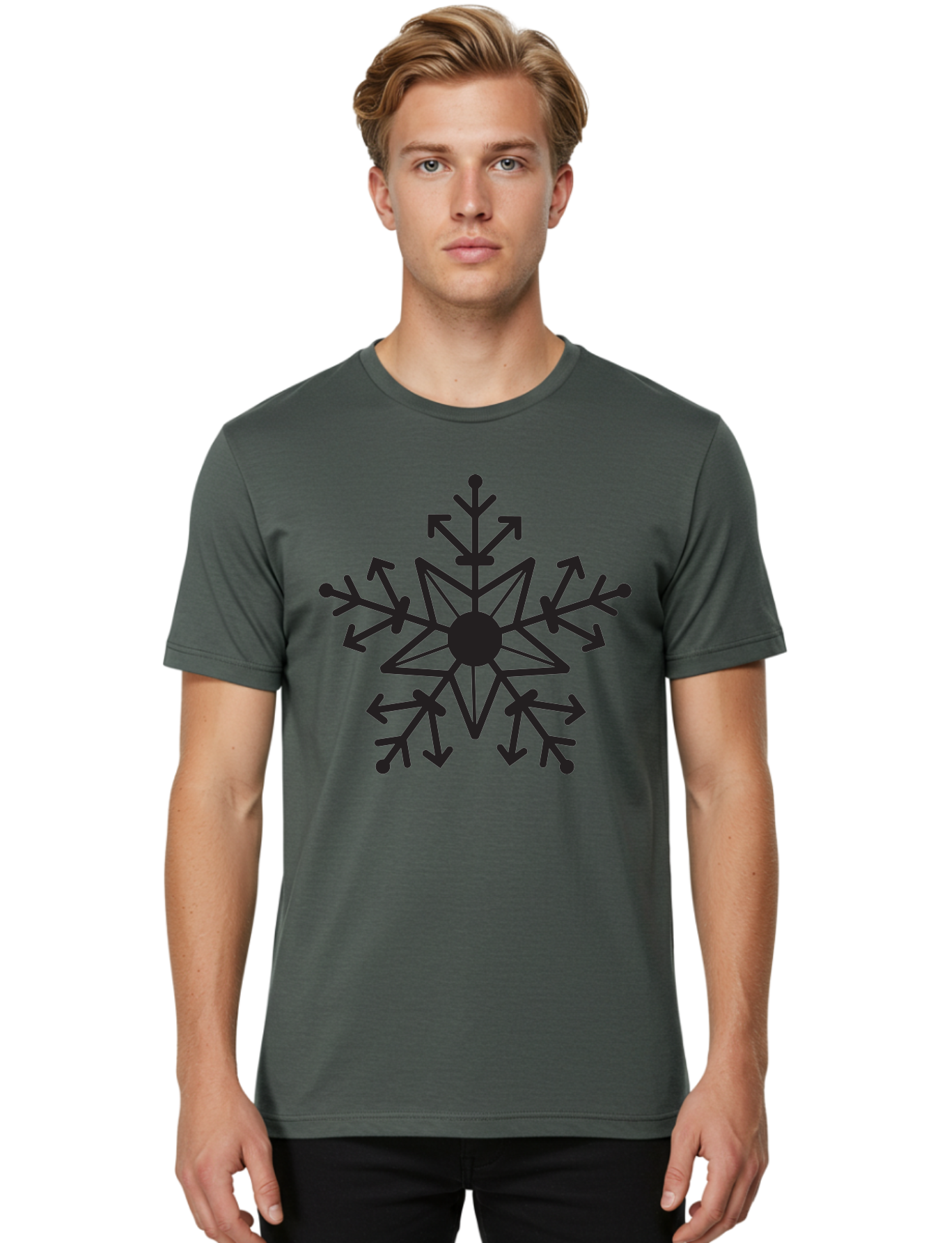 Snowflake-1 Men'S Graphic Tee, 100% Cotton, Comfortable Casual Summer Wear, Machine Washable, Snowflake Design, Arrow Pattern, Symmetrical Shape, Geometric Figure, Abstract Art, Black And Green, Intricate Details, Frosty Feel, Winter Theme Aad167