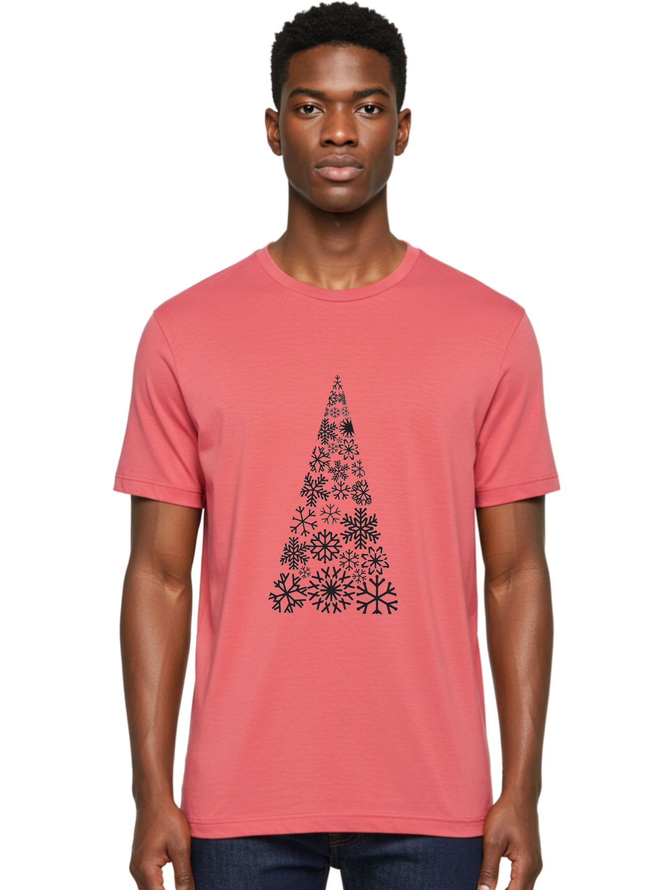 Snowflakes-Christmas-Tree Men'S Graphic Tee, 100% Cotton, Comfortable Casual Summer Wear, Machine Washable, Snowflake Christmas Tree, Festive Design, Winter Wonderland, Holiday Graphics, Seasonal Decor, Christmas Tree Silhouette, Snowflakes, Aad175