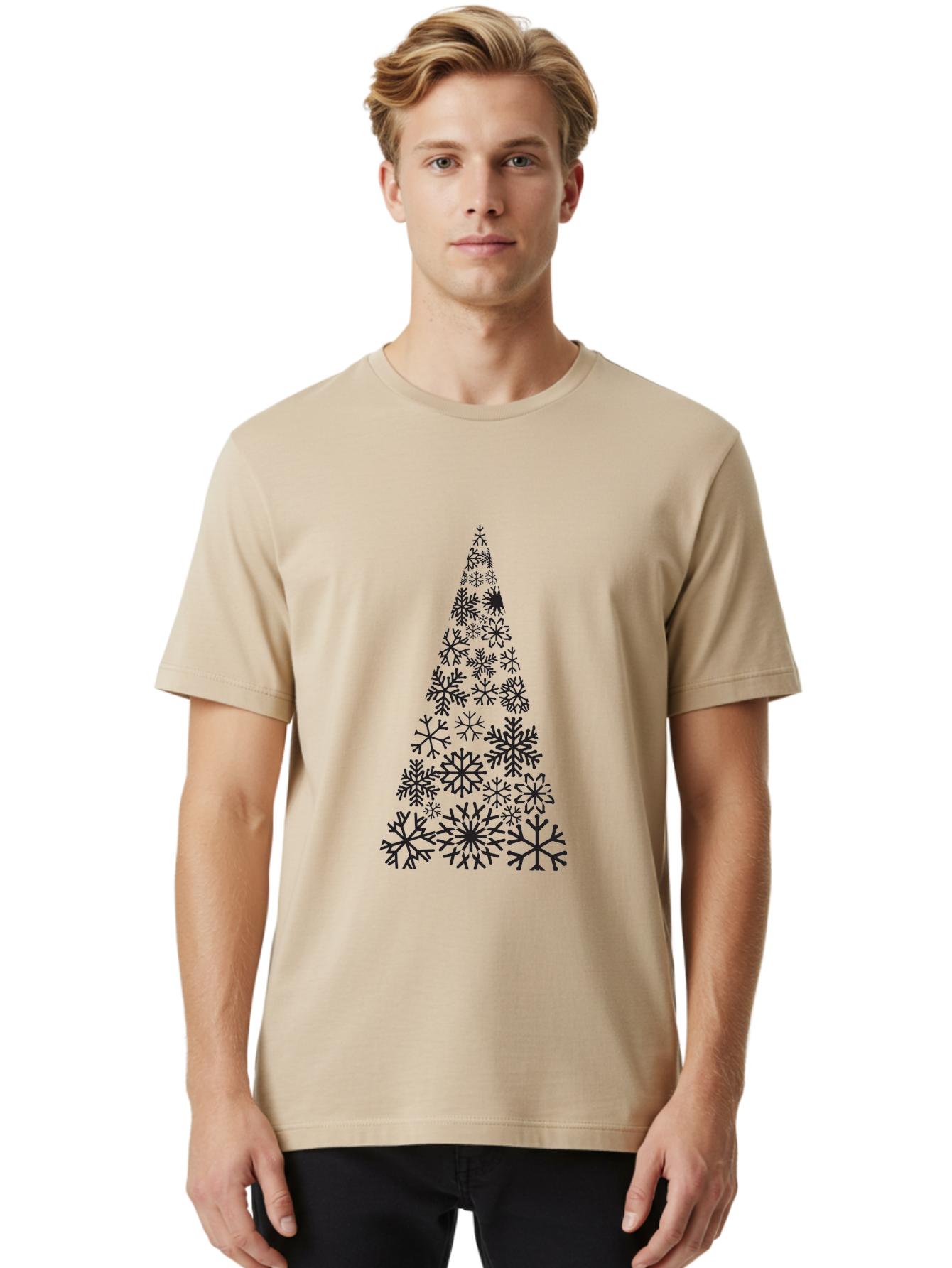 Snowflakes-Christmas-Tree Men'S Graphic Tee, 100% Cotton, Comfortable Casual Summer Wear, Machine Washable, Snowflake Christmas Tree, Festive Design, Winter Wonderland, Holiday Graphics, Seasonal Decor, Christmas Tree Silhouette, Snowflakes, Aad175