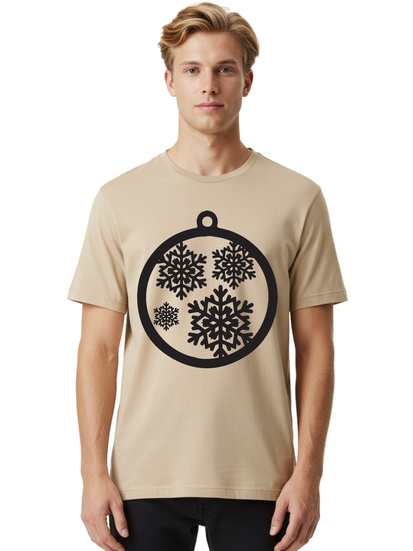 Snowflakes-Ornament Men'S Graphic Tee, 100% Cotton, Comfortable Casual Summer Wear, Machine Washable, Black Christmas Bauble, Snowflakes, Festive Decoration, Holiday Ornament, Winter Wonderland, Seasonal Decor, Black Silhouette, Aad178