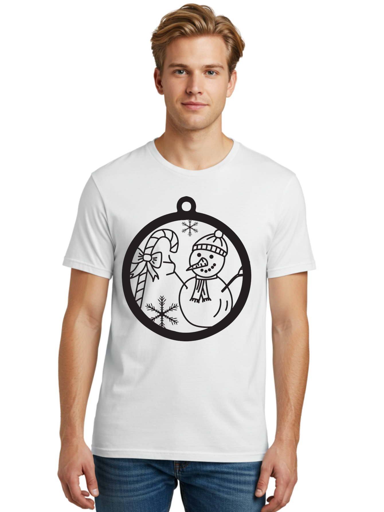 Snowman-Ornament Men'S Graphic Tee, 100% Cotton, Comfortable Casual Summer Wear, Machine Washable, Snowman Holding Candy Cane, Snowman Ornament, Christmas Decoration, Winter Wonderland, Festive Design, Holiday Cheer, Snowflakes Aad180