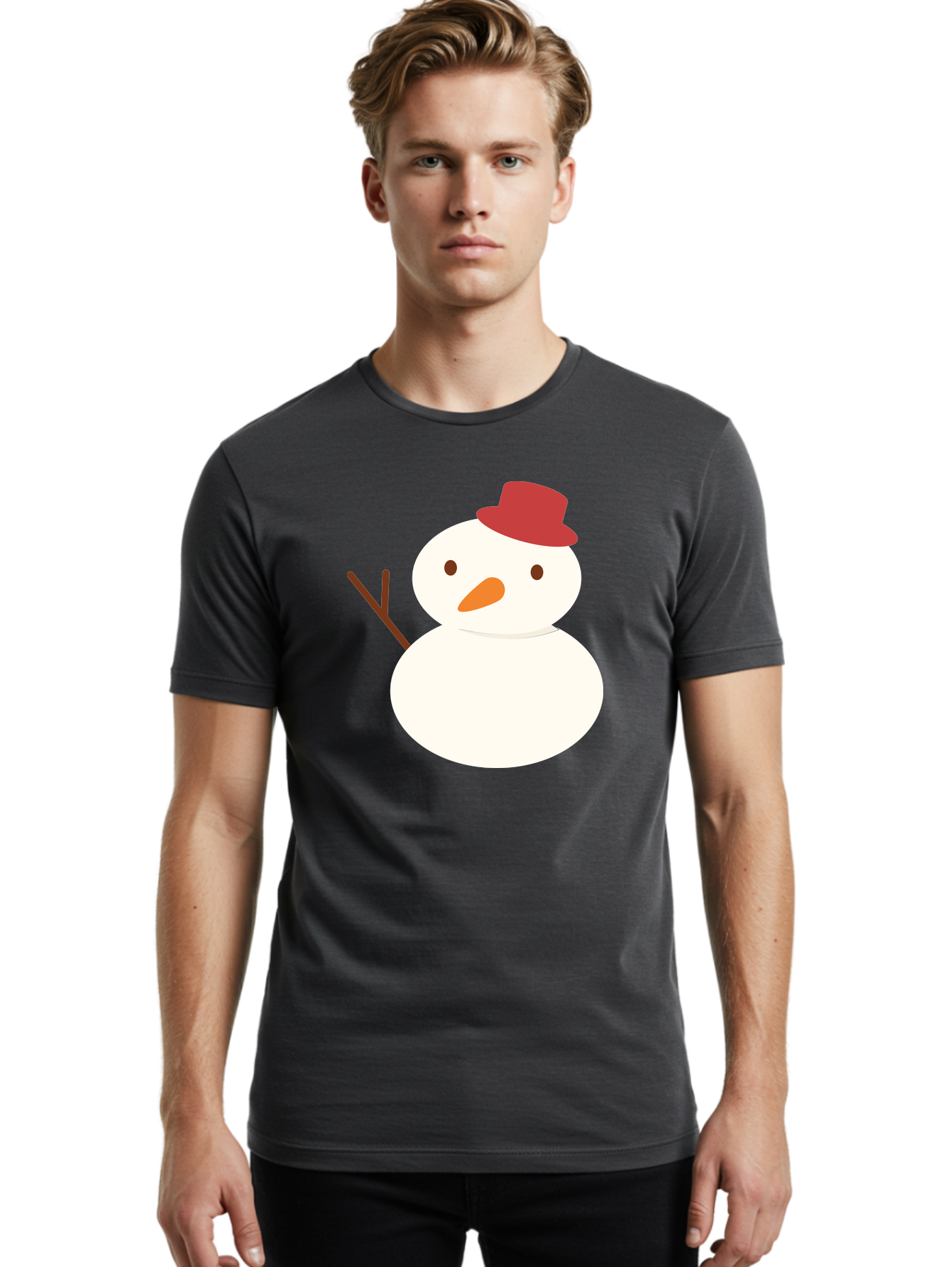 Snowman Men'S Graphic Tee, 100% Cotton, Comfortable Casual Summer Wear, Machine Washable, Snowman Character, Winter Icon, Snowman Illustration, Red Hat, Orange Nose, Stick Arms, Cartoon Snowman, Frosty Friend, Simple Snowman Design, Aad181