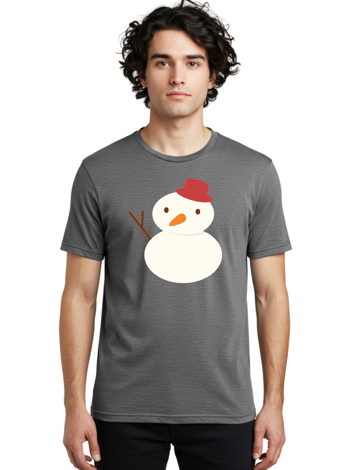 Snowman Men'S Graphic Tee, 100% Cotton, Comfortable Casual Summer Wear, Machine Washable, Snowman Character, Winter Icon, Snowman Illustration, Red Hat, Orange Nose, Stick Arms, Cartoon Snowman, Frosty Friend, Simple Snowman Design, Aad181