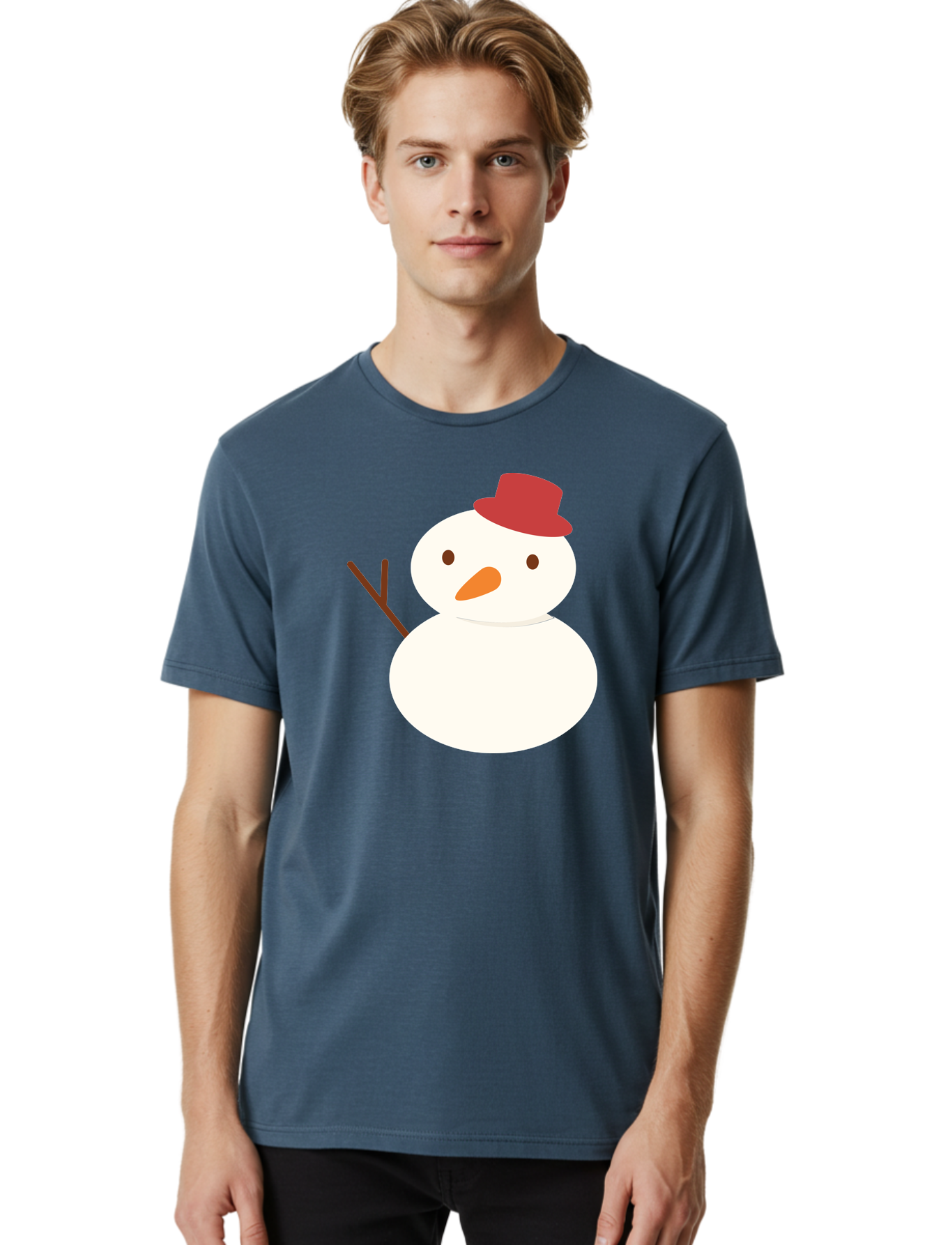 Snowman Men'S Graphic Tee, 100% Cotton, Comfortable Casual Summer Wear, Machine Washable, Snowman Character, Winter Icon, Snowman Illustration, Red Hat, Orange Nose, Stick Arms, Cartoon Snowman, Frosty Friend, Simple Snowman Design, Aad181