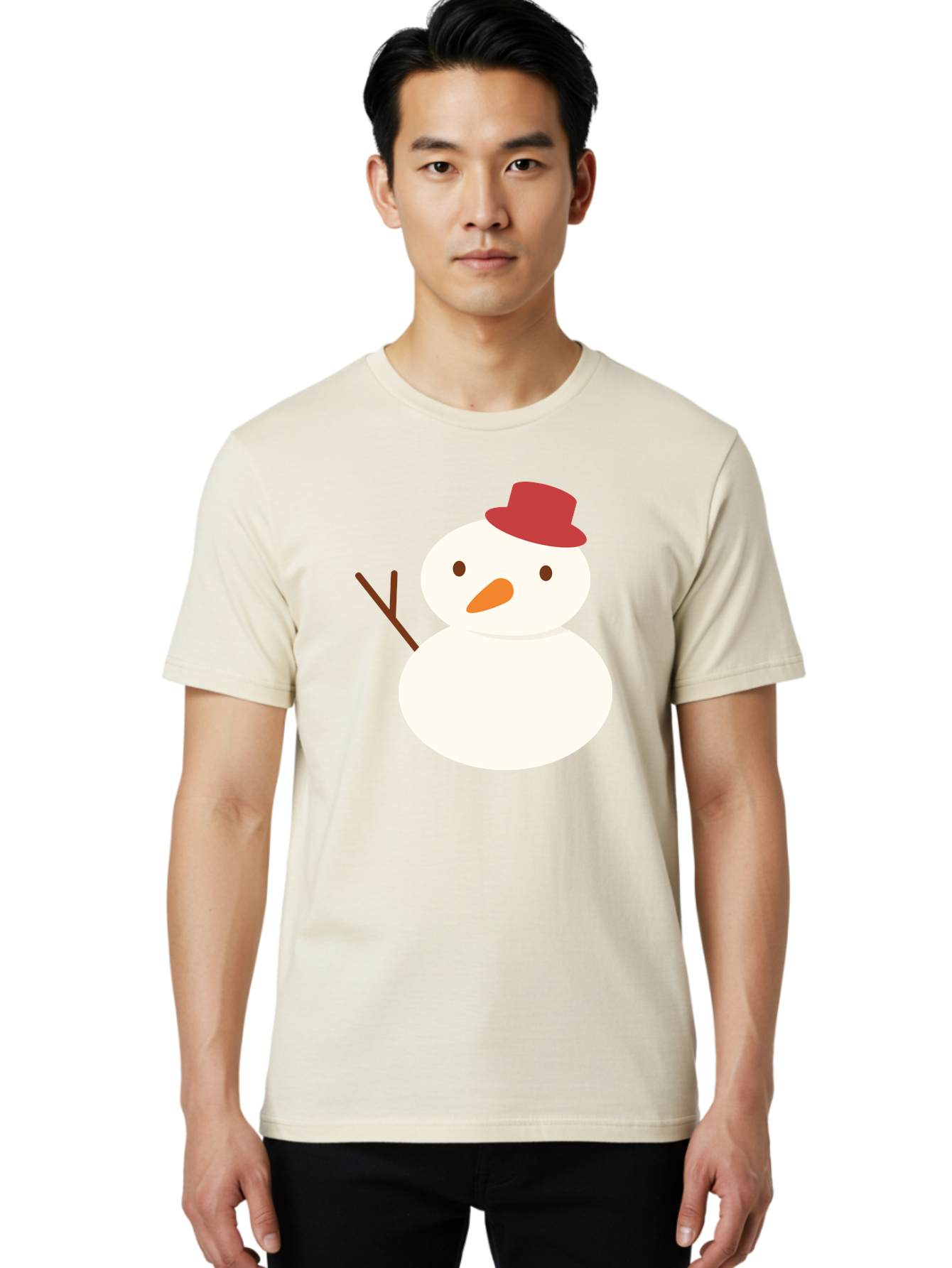 Snowman Men'S Graphic Tee, 100% Cotton, Comfortable Casual Summer Wear, Machine Washable, Snowman Character, Winter Icon, Snowman Illustration, Red Hat, Orange Nose, Stick Arms, Cartoon Snowman, Frosty Friend, Simple Snowman Design, Aad181