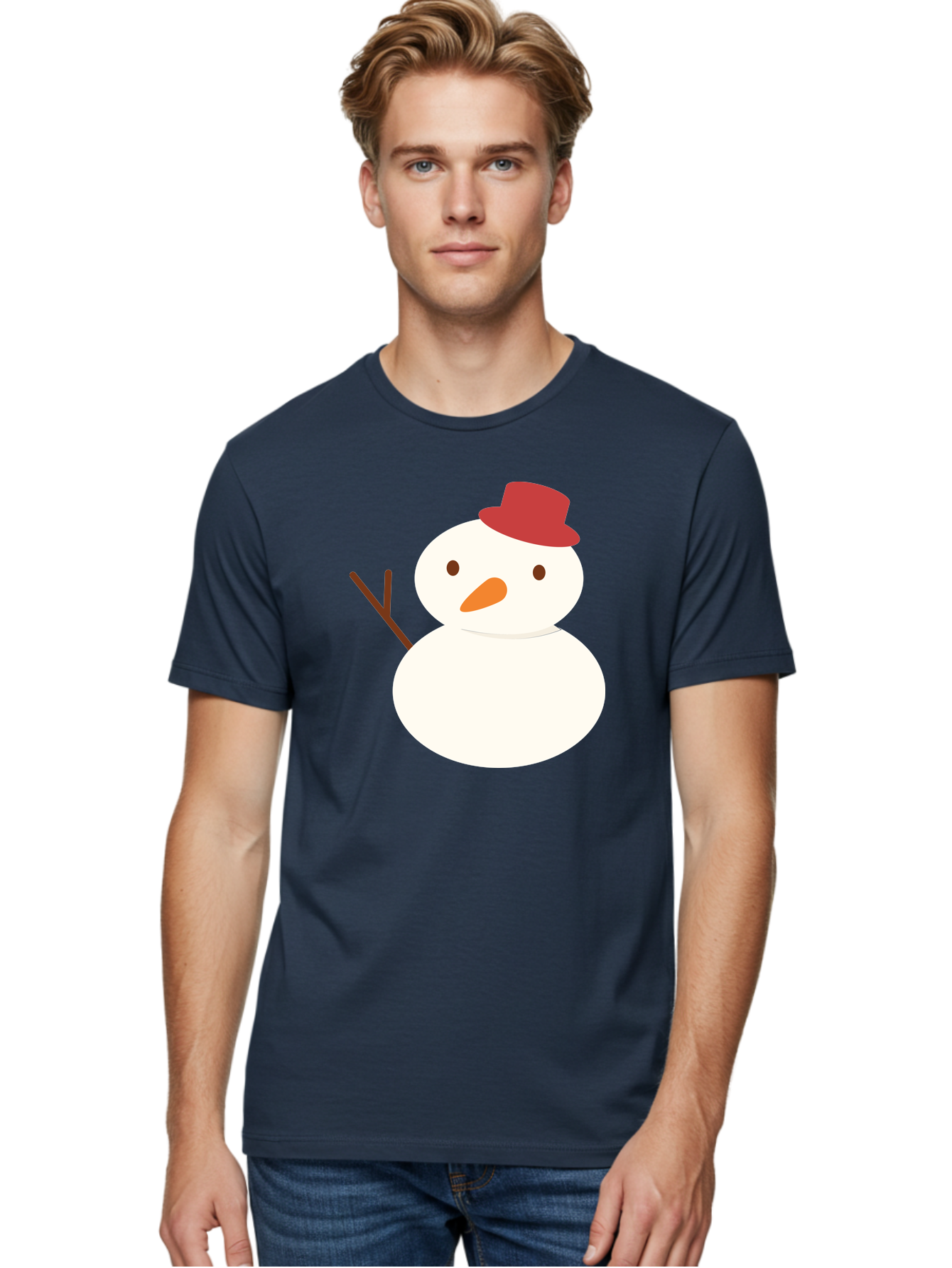 Snowman Men'S Graphic Tee, 100% Cotton, Comfortable Casual Summer Wear, Machine Washable, Snowman Character, Winter Icon, Snowman Illustration, Red Hat, Orange Nose, Stick Arms, Cartoon Snowman, Frosty Friend, Simple Snowman Design, Aad181