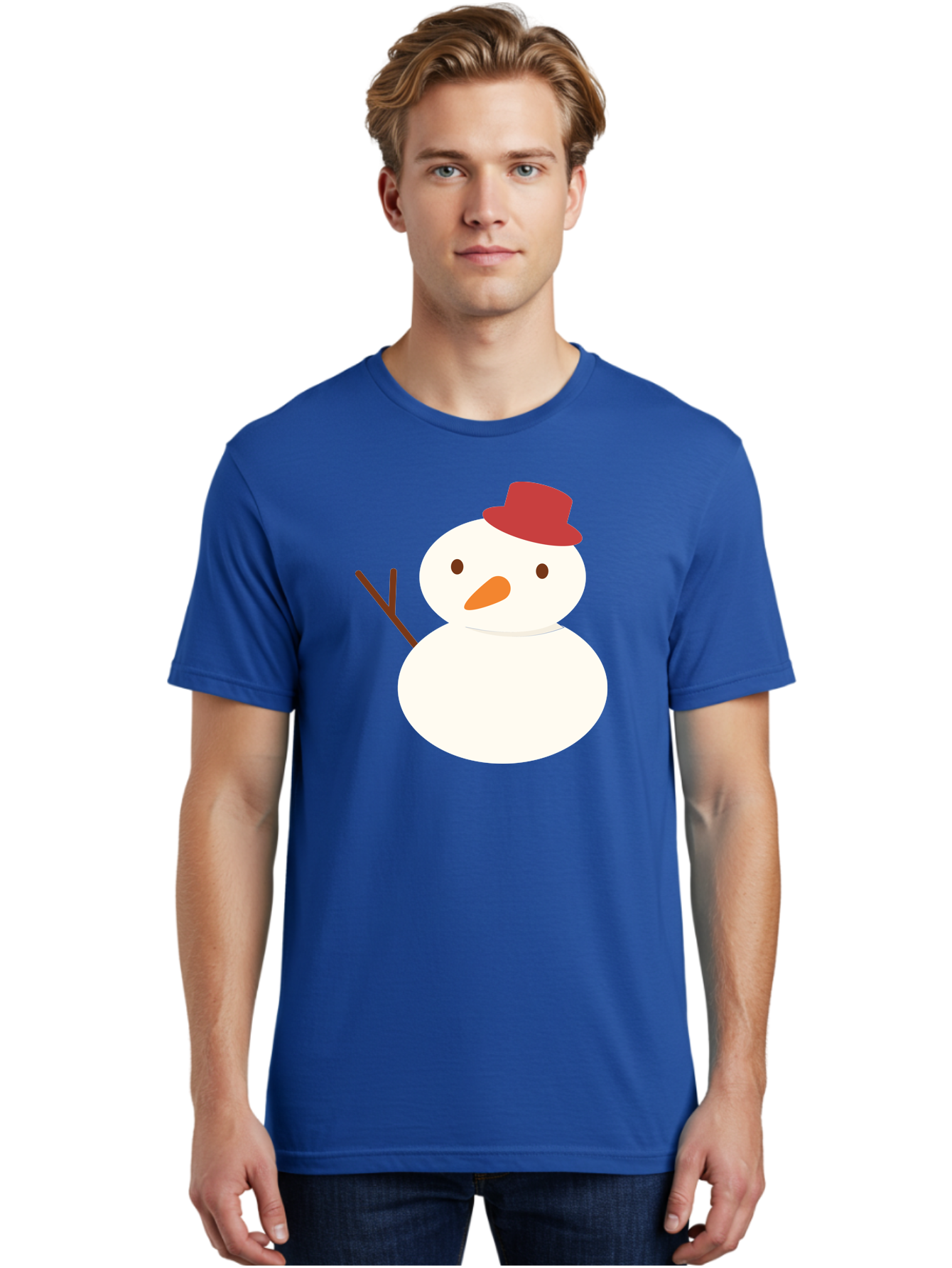 Snowman Men'S Graphic Tee, 100% Cotton, Comfortable Casual Summer Wear, Machine Washable, Snowman Character, Winter Icon, Snowman Illustration, Red Hat, Orange Nose, Stick Arms, Cartoon Snowman, Frosty Friend, Simple Snowman Design, Aad181