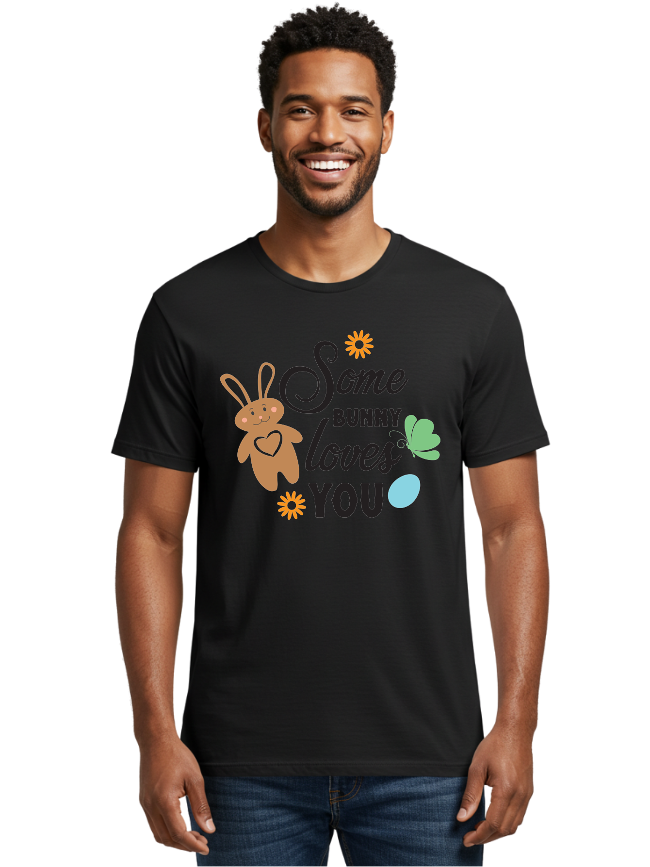 Some-Bunny-Loves-You Men'S Graphic Tee, 100% Cotton, Comfortable Casual Summer Wear, Machine Washable, Easter Bunny, Love Message, Cute Cartoons, Hearts, Spring Theme, Easter Eggs, Festive Designs, Adorable Bunnies, Spring Decorations Aad186