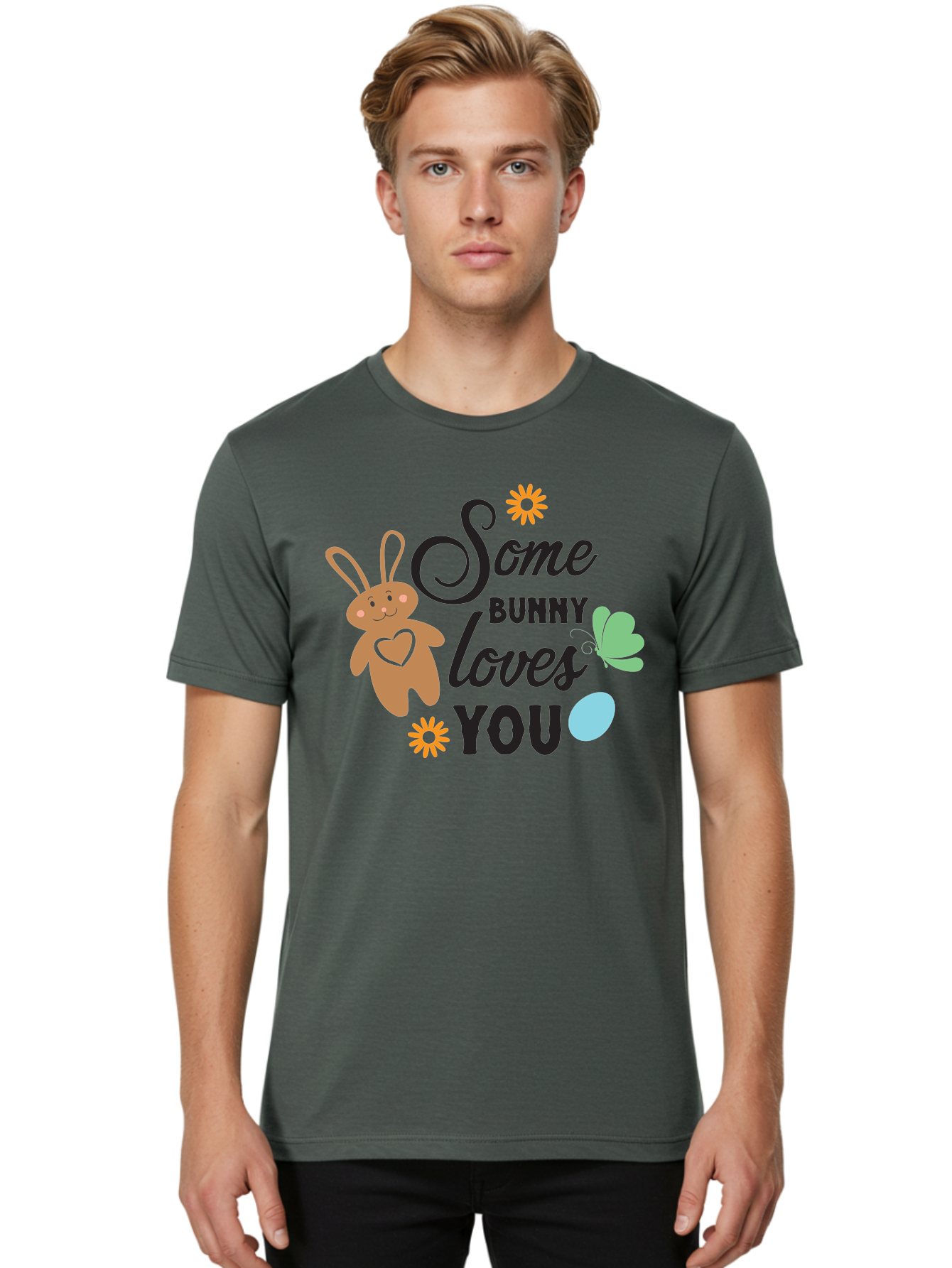Some-Bunny-Loves-You Men'S Graphic Tee, 100% Cotton, Comfortable Casual Summer Wear, Machine Washable, Easter Bunny, Love Message, Cute Cartoons, Hearts, Spring Theme, Easter Eggs, Festive Designs, Adorable Bunnies, Spring Decorations Aad186