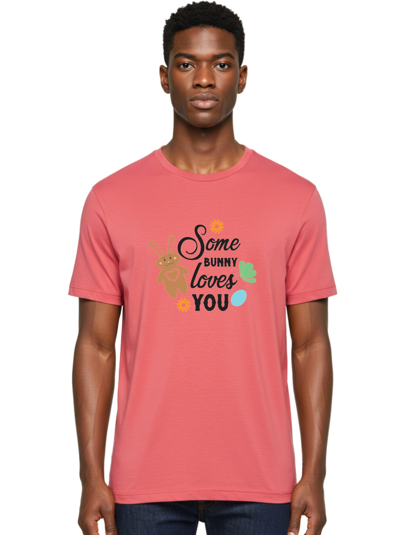 Some-Bunny-Loves-You Men'S Graphic Tee, 100% Cotton, Comfortable Casual Summer Wear, Machine Washable, Easter Bunny, Love Message, Cute Cartoons, Hearts, Spring Theme, Easter Eggs, Festive Designs, Adorable Bunnies, Spring Decorations Aad186