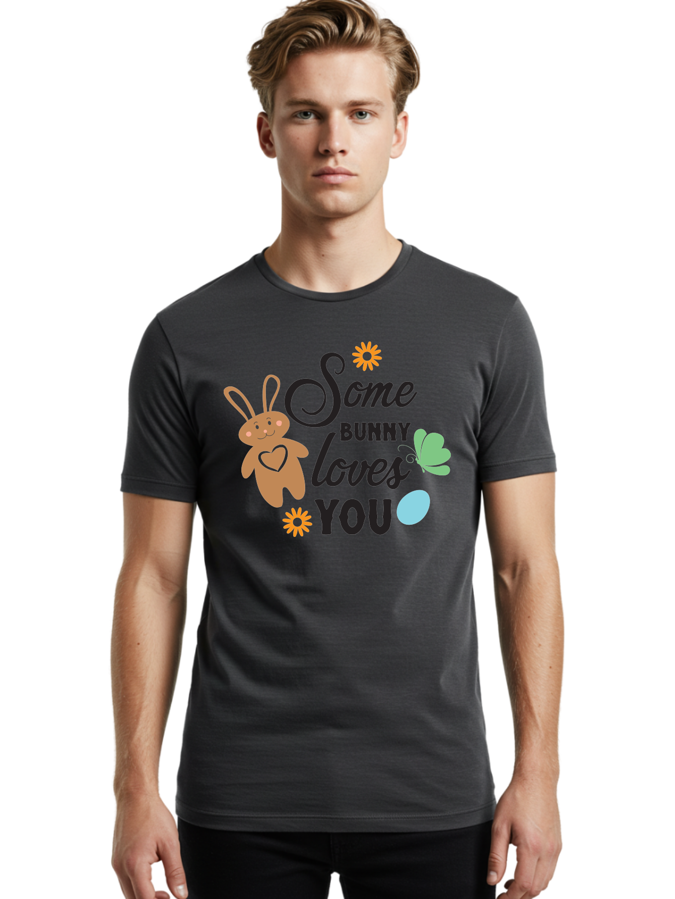 Some-Bunny-Loves-You Men'S Graphic Tee, 100% Cotton, Comfortable Casual Summer Wear, Machine Washable, Easter Bunny, Love Message, Cute Cartoons, Hearts, Spring Theme, Easter Eggs, Festive Designs, Adorable Bunnies, Spring Decorations Aad186