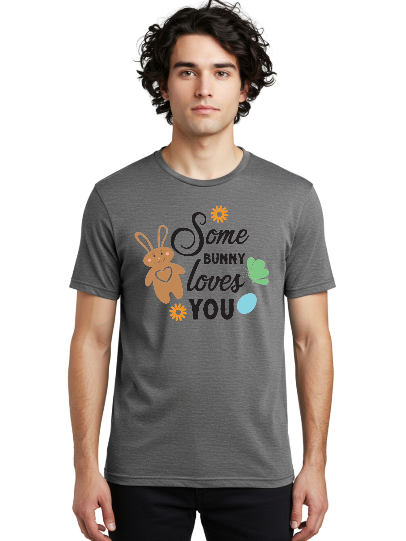 Some-Bunny-Loves-You Men'S Graphic Tee, 100% Cotton, Comfortable Casual Summer Wear, Machine Washable, Easter Bunny, Love Message, Cute Cartoons, Hearts, Spring Theme, Easter Eggs, Festive Designs, Adorable Bunnies, Spring Decorations Aad186