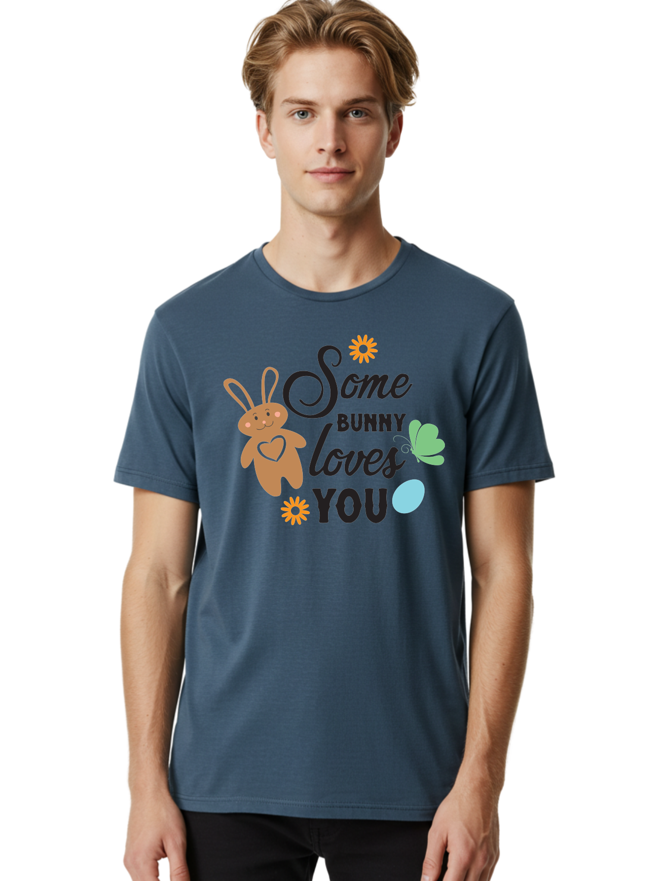 Some-Bunny-Loves-You Men'S Graphic Tee, 100% Cotton, Comfortable Casual Summer Wear, Machine Washable, Easter Bunny, Love Message, Cute Cartoons, Hearts, Spring Theme, Easter Eggs, Festive Designs, Adorable Bunnies, Spring Decorations Aad186