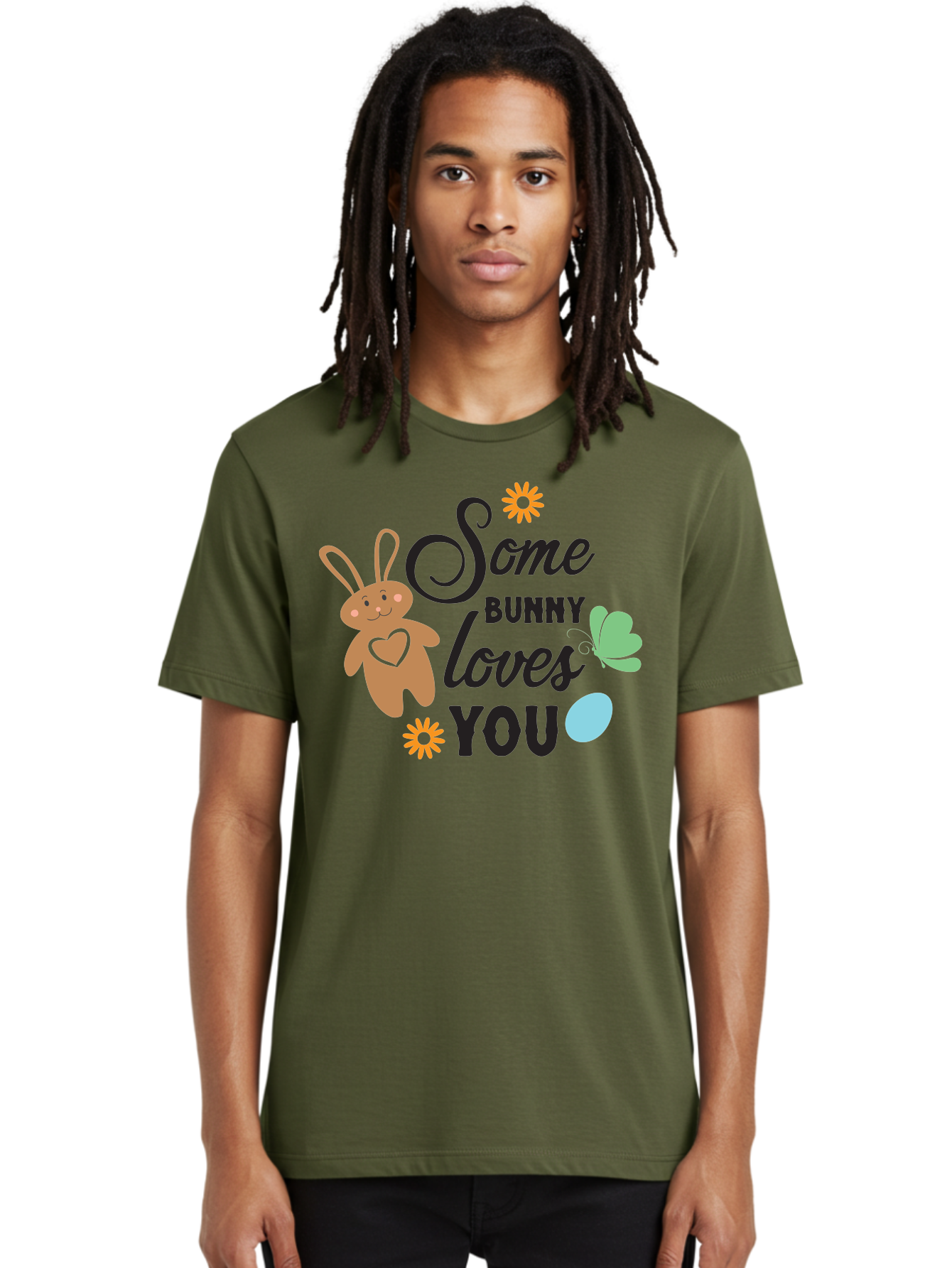 Some-Bunny-Loves-You Men'S Graphic Tee, 100% Cotton, Comfortable Casual Summer Wear, Machine Washable, Easter Bunny, Love Message, Cute Cartoons, Hearts, Spring Theme, Easter Eggs, Festive Designs, Adorable Bunnies, Spring Decorations Aad186