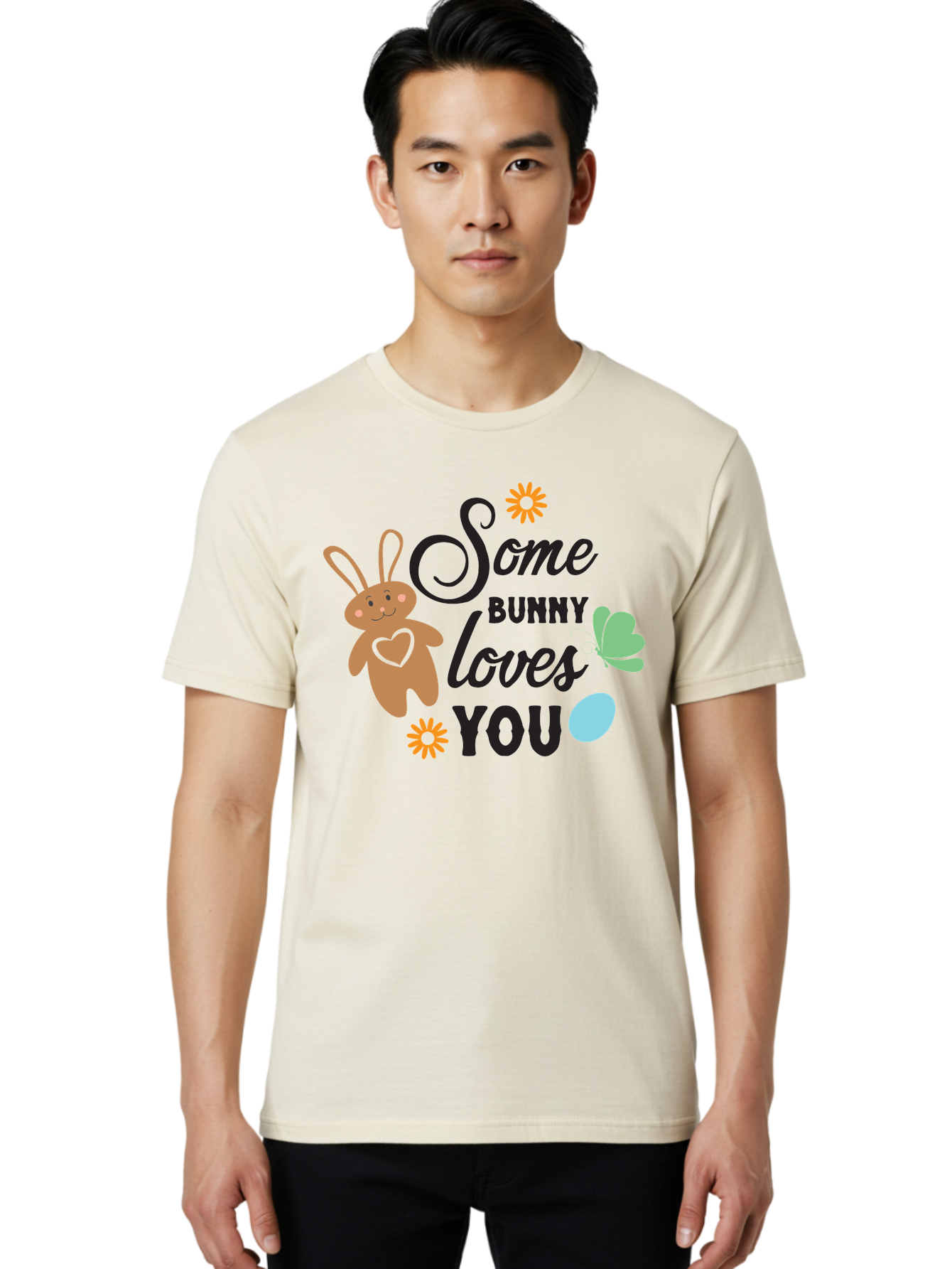 Some-Bunny-Loves-You Men'S Graphic Tee, 100% Cotton, Comfortable Casual Summer Wear, Machine Washable, Easter Bunny, Love Message, Cute Cartoons, Hearts, Spring Theme, Easter Eggs, Festive Designs, Adorable Bunnies, Spring Decorations Aad186
