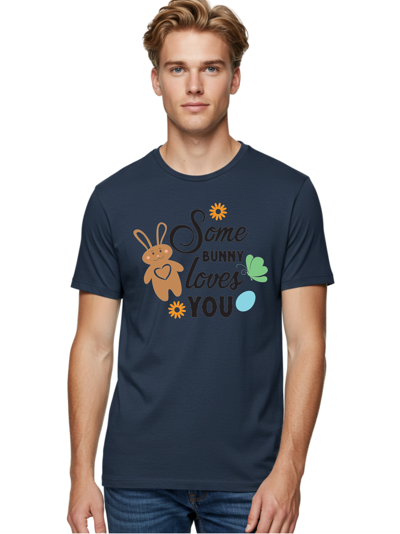 Some-Bunny-Loves-You Men'S Graphic Tee, 100% Cotton, Comfortable Casual Summer Wear, Machine Washable, Easter Bunny, Love Message, Cute Cartoons, Hearts, Spring Theme, Easter Eggs, Festive Designs, Adorable Bunnies, Spring Decorations Aad186