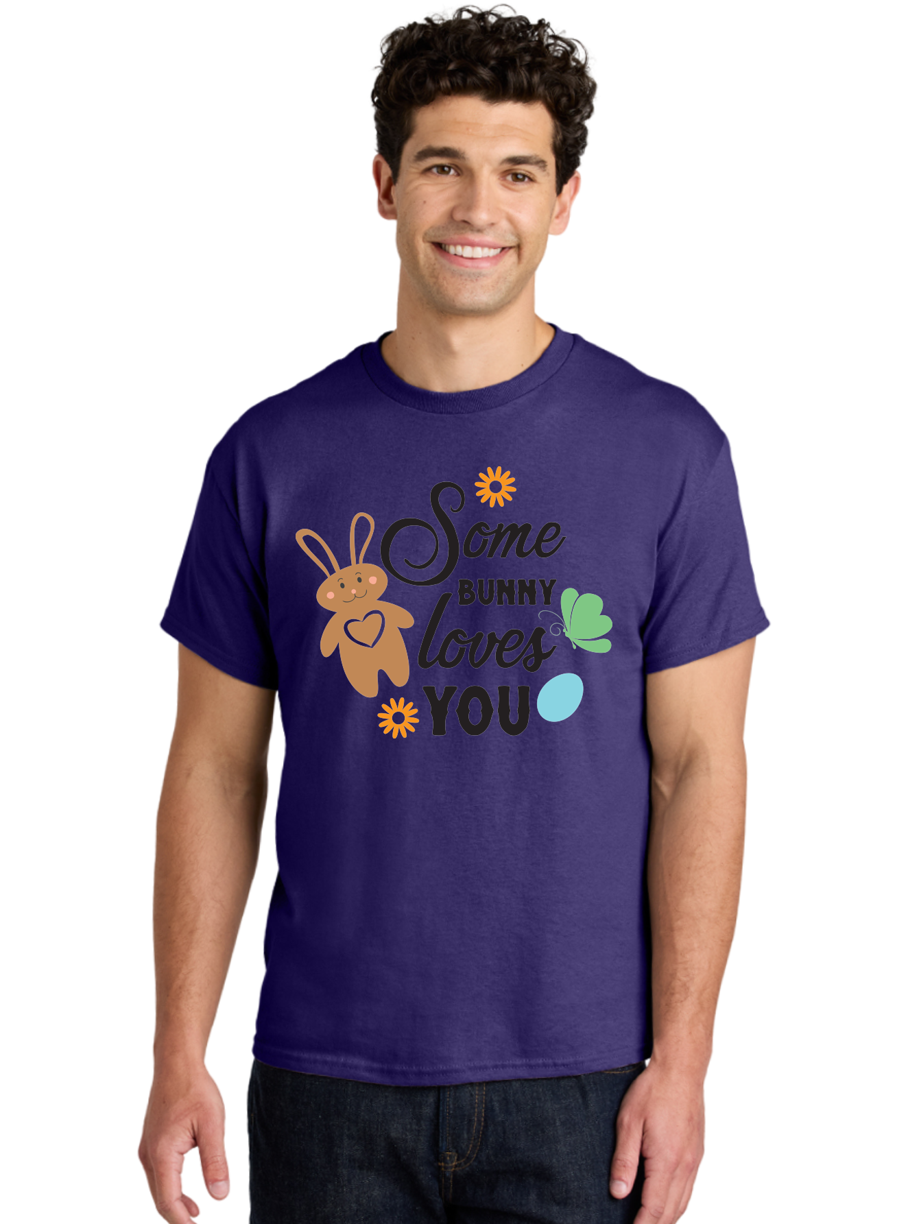 Some-Bunny-Loves-You Men'S Graphic Tee, 100% Cotton, Comfortable Casual Summer Wear, Machine Washable, Easter Bunny, Love Message, Cute Cartoons, Hearts, Spring Theme, Easter Eggs, Festive Designs, Adorable Bunnies, Spring Decorations Aad186