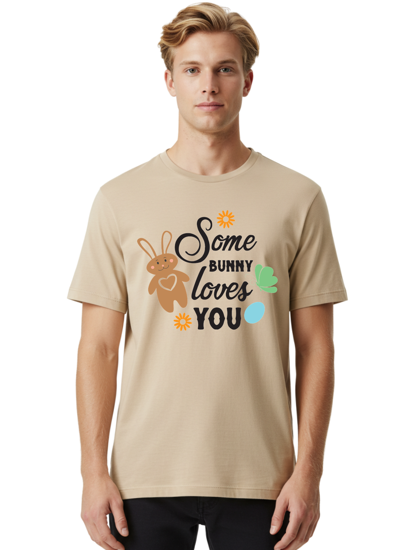 Some-Bunny-Loves-You Men'S Graphic Tee, 100% Cotton, Comfortable Casual Summer Wear, Machine Washable, Easter Bunny, Love Message, Cute Cartoons, Hearts, Spring Theme, Easter Eggs, Festive Designs, Adorable Bunnies, Spring Decorations Aad186